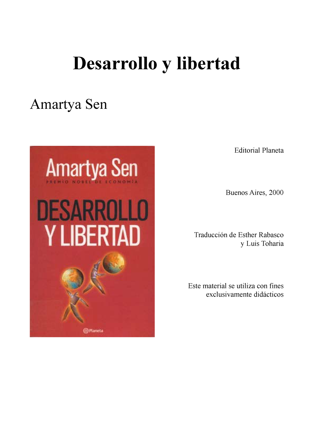 A Sen Desarrollo Y Libertad Sesion 1 Doc1 Desarrollo Y Libertad Amartya Sen Editorial Planeta 4276