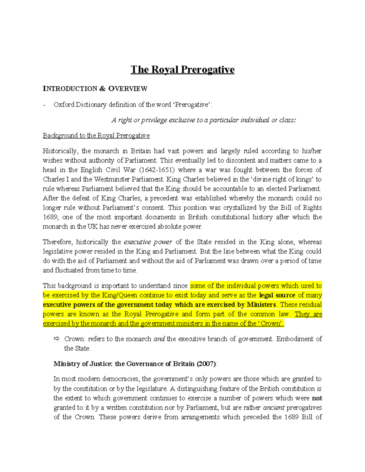 Royal Prerogative notes - The Royal Prerogative INTRODUCTION & OVERVIEW ...