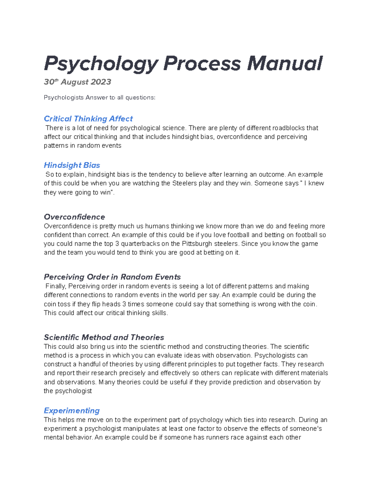 Business process manual Psychology Process Manual 30 th August 2023