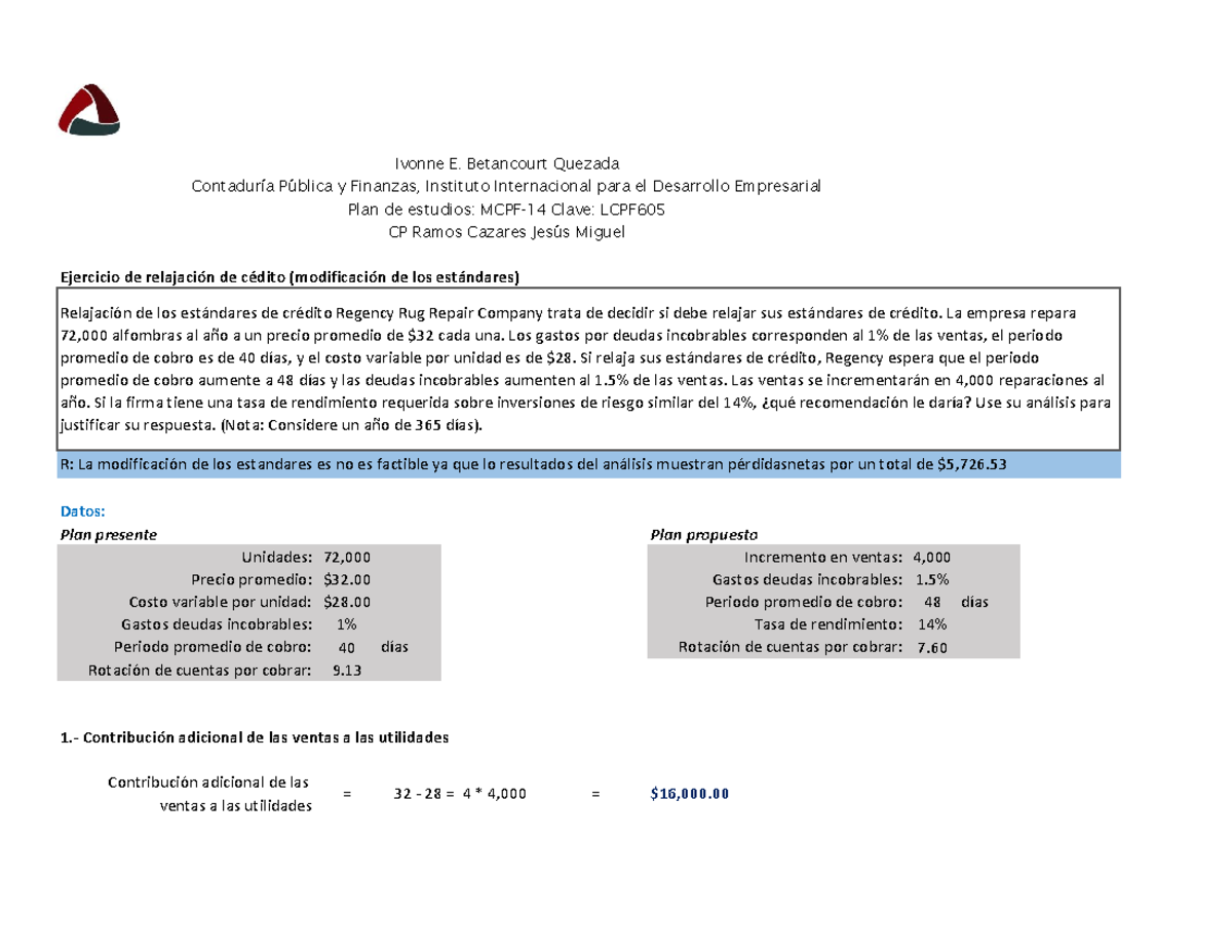 Finanzas, Ejercicio DE Relajación DE Crédito - Ivonne E. Betancourt ...