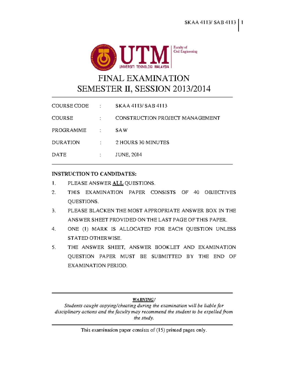 Final Past Year - SKAA SAB 4113 1 FINAL EXAMINATION SEMESTER II ...