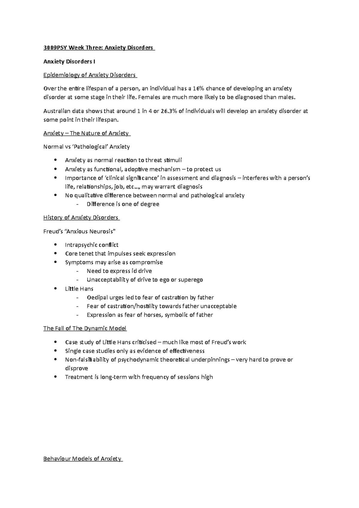 3009PSY Week Three - Lecture notes - 3009PSY Week Three: Anxiety ...