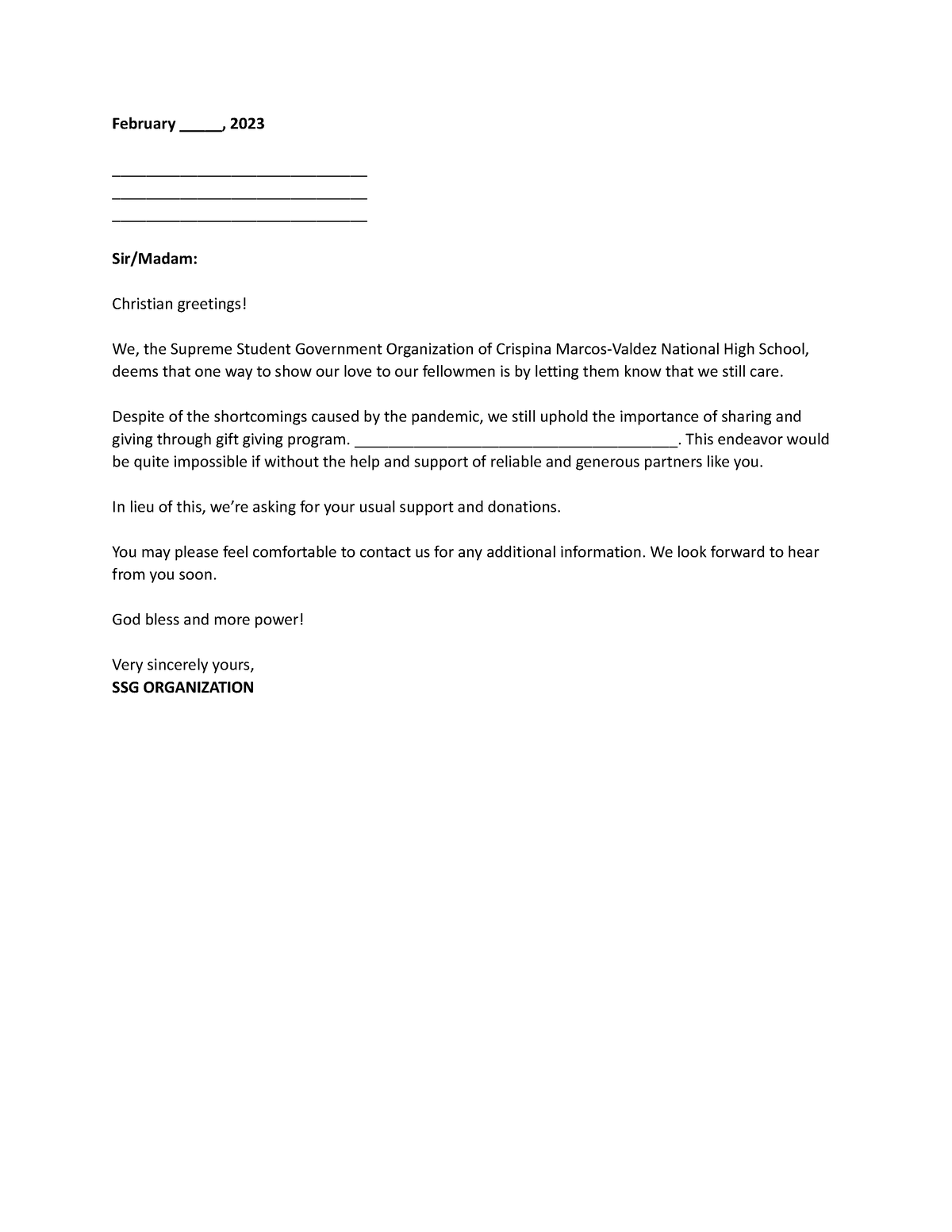 Solicitation Letter - :) :) - February _____, 2023 Sir/Madam: Christian ...