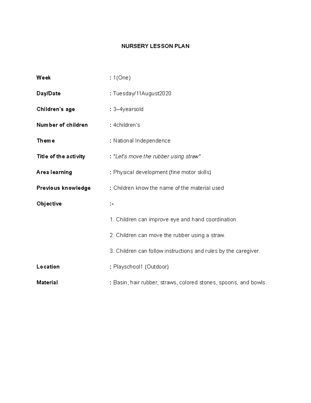 Nursery Lesson PLAN - do more exercise - NURSERY LESSON PLAN Week : 1 ...