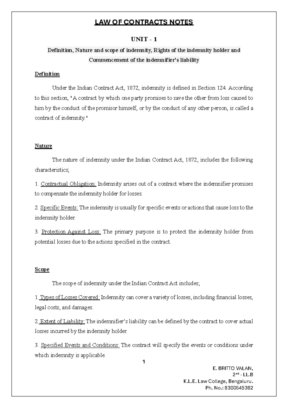 Indemnity Unit 1 - LAW OF CONTRACTS NOTES 1 E. BRITTO VALAN, 2 nd - LL ...
