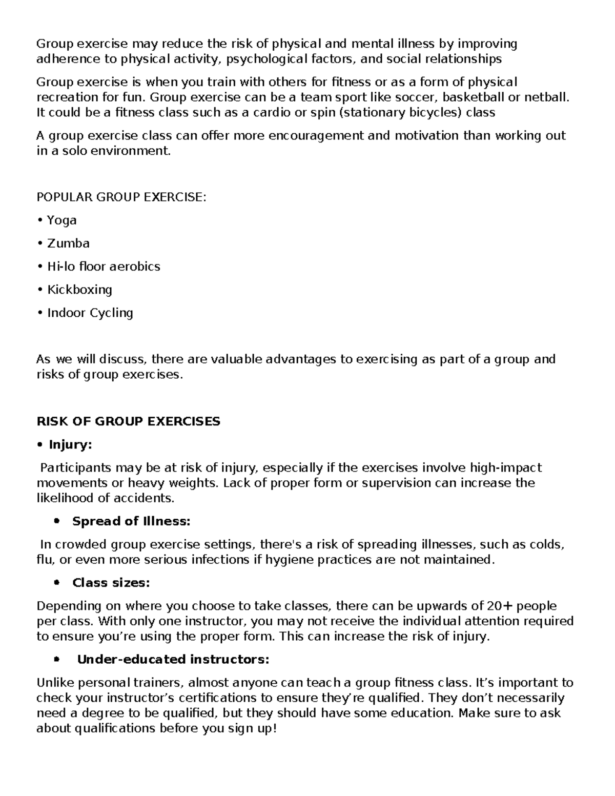 Risk of group exercise - here are some of our notes during our PHYSICAL ...