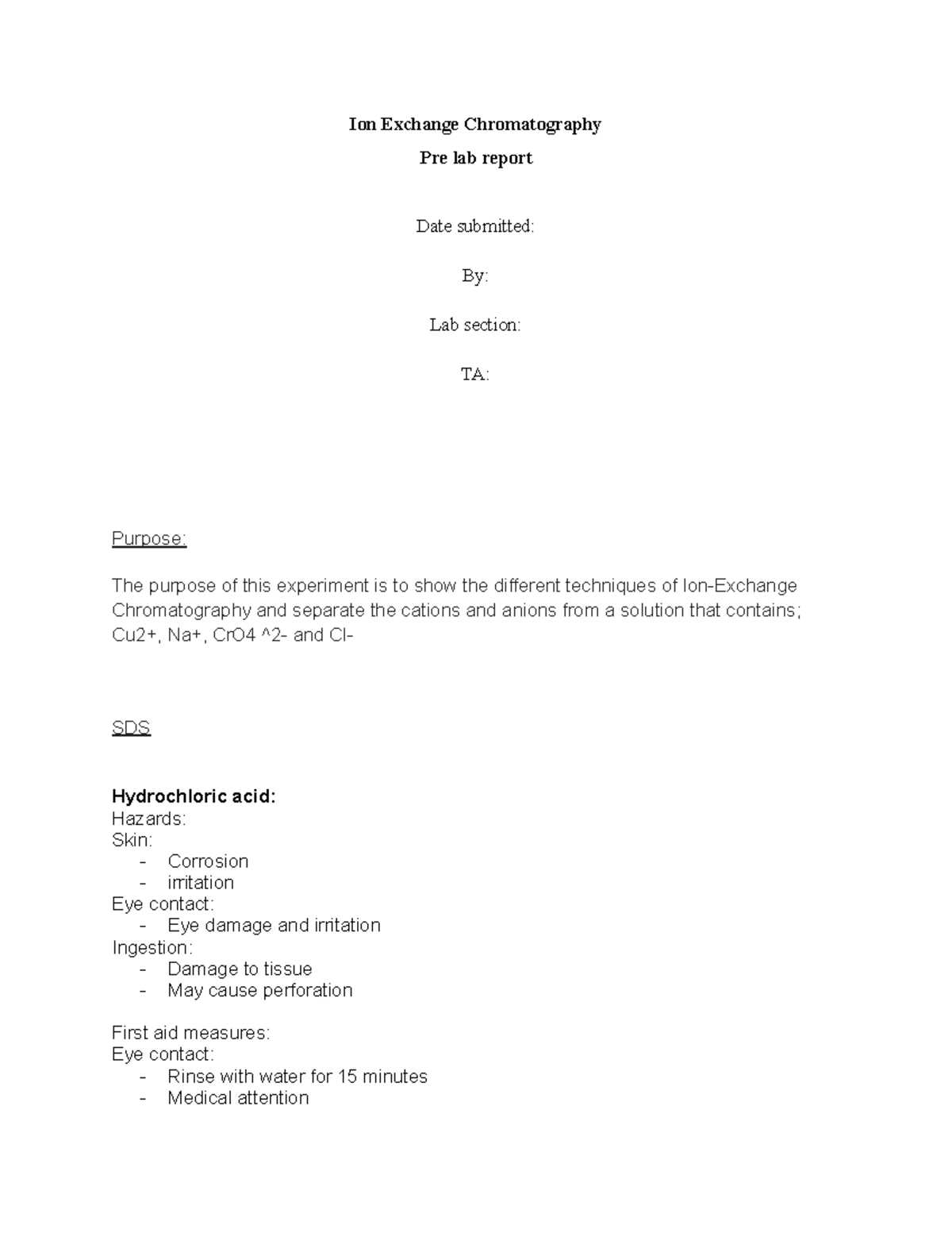 Ion pre lab mandatory assigmnet - Ion Exchange Chromatography Pre lab ...