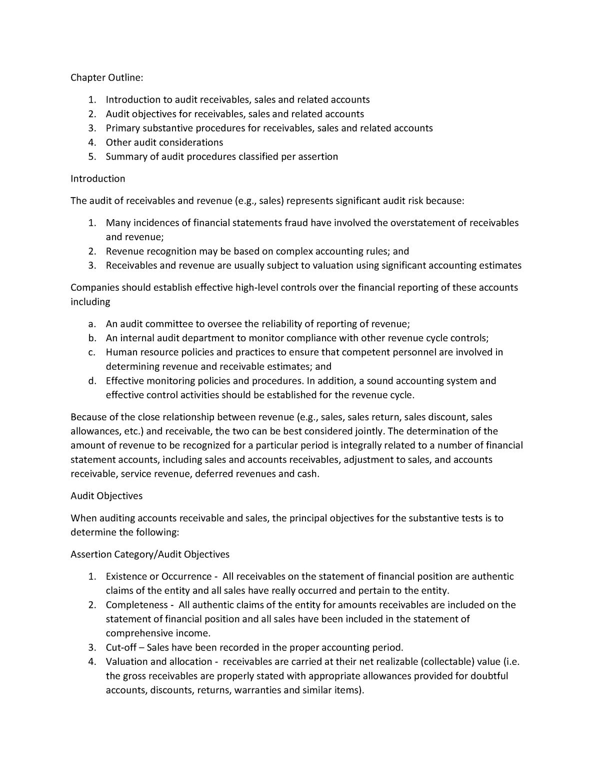 Audit of Sales and Receivables - Chapter Outline: Introduction to audit ...