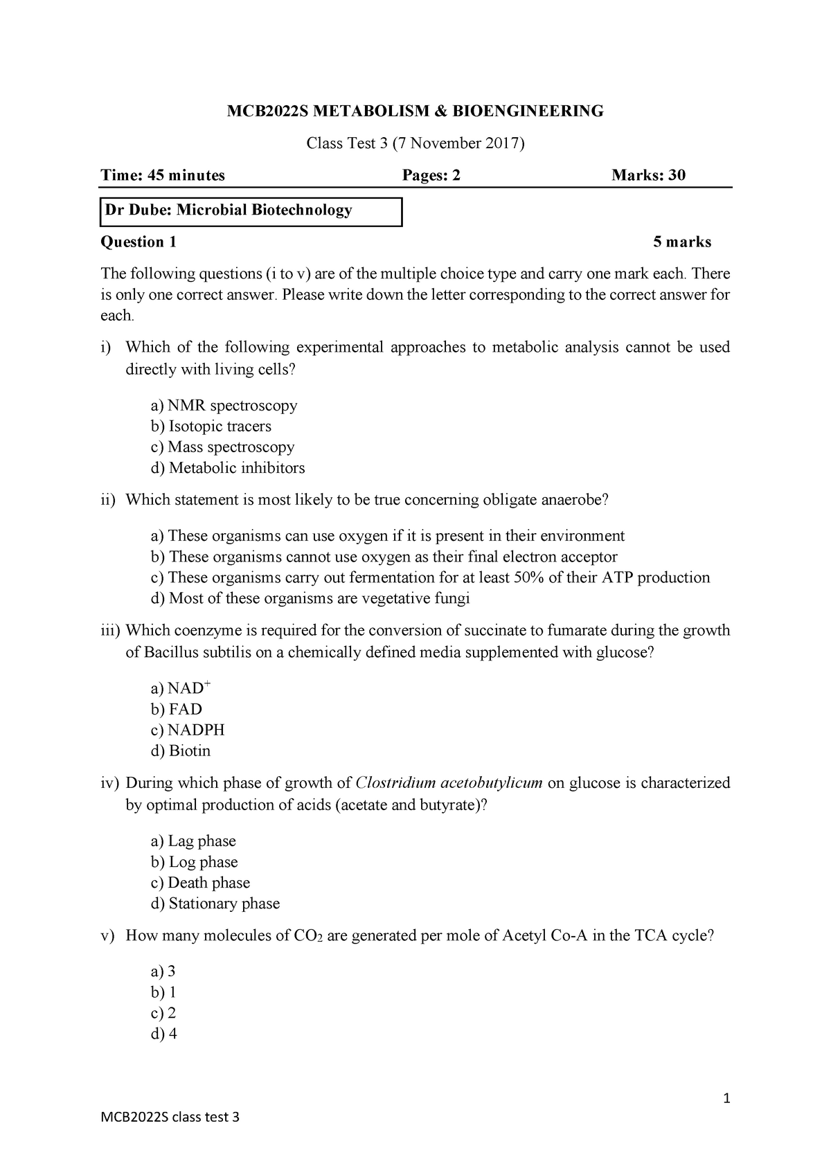 Test 3 2017, questions - MCB2022S METABOLISM & BIOENGINEERING Class Sns-Brigh10