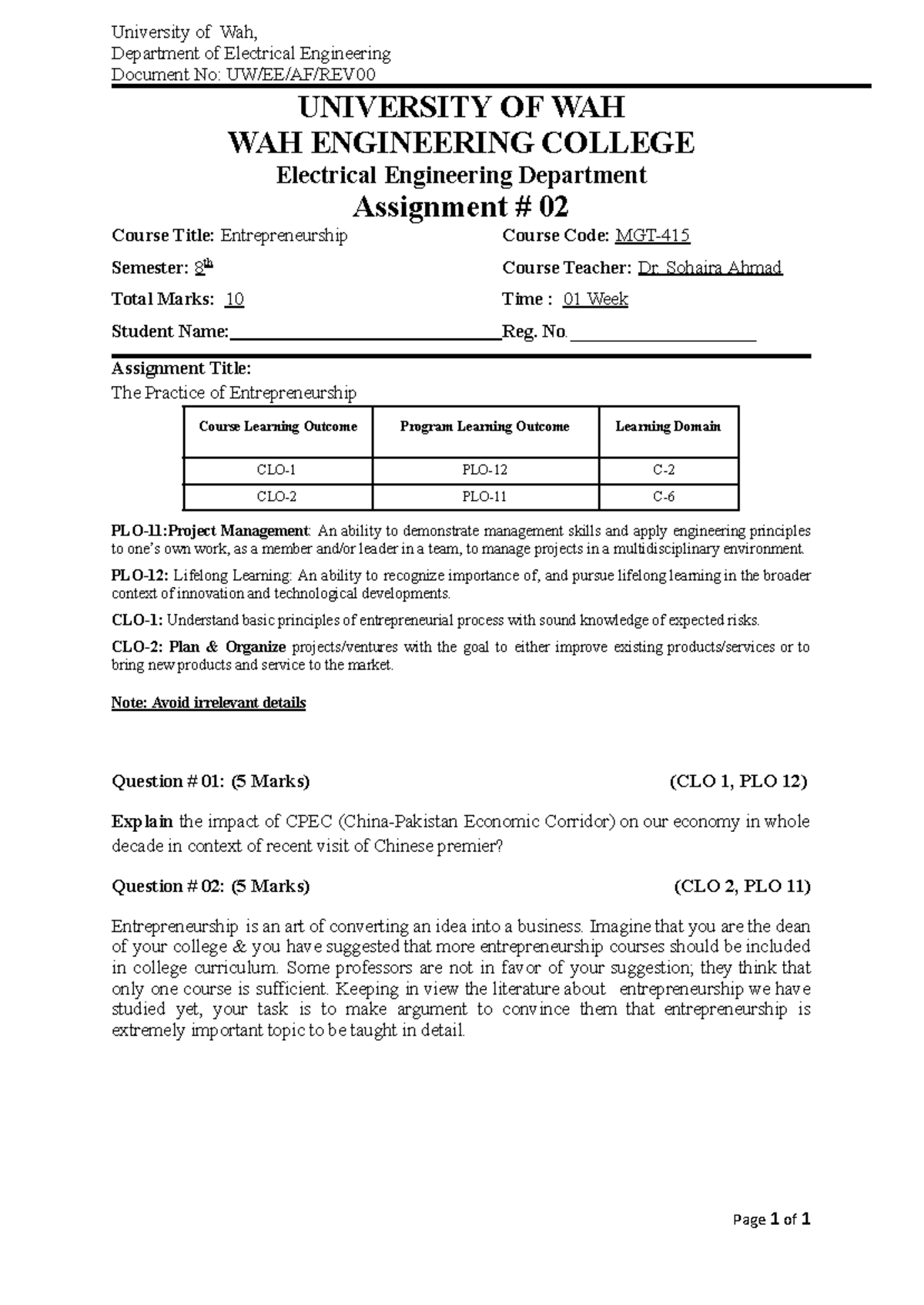 Assignment -02 - Renewable Energy System - University of Wah ...