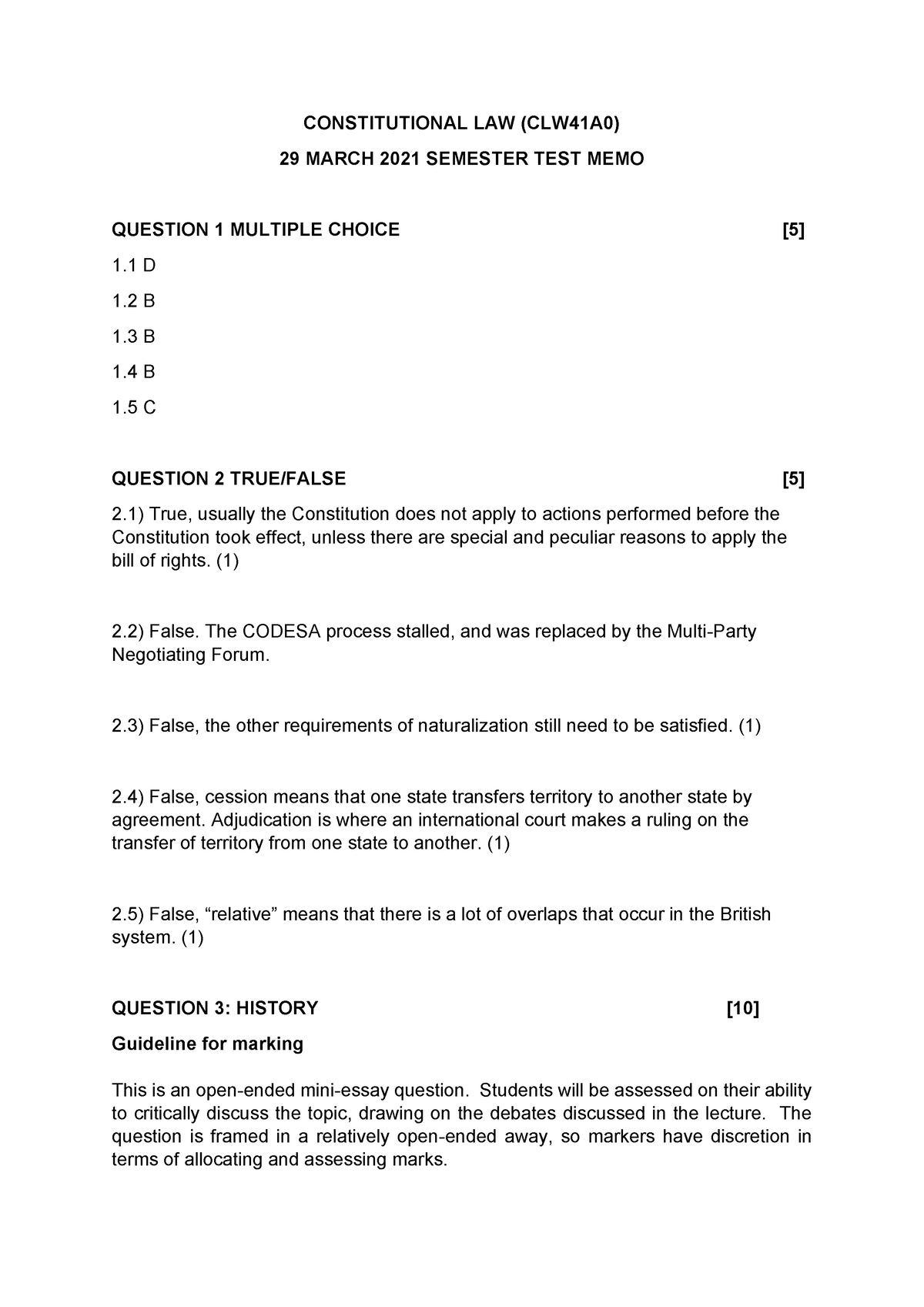 Constitutional LAW Semester TEST 29 March 2021 MEMO - CONSTITUTIONAL ...