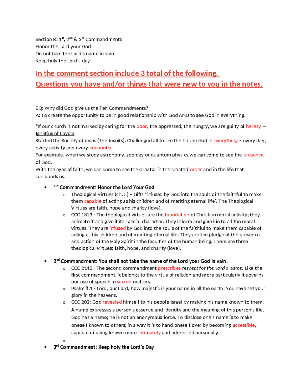 Section B Study Guide (2020) - Section B: 1st, 2nd & 3rd Commandments ...