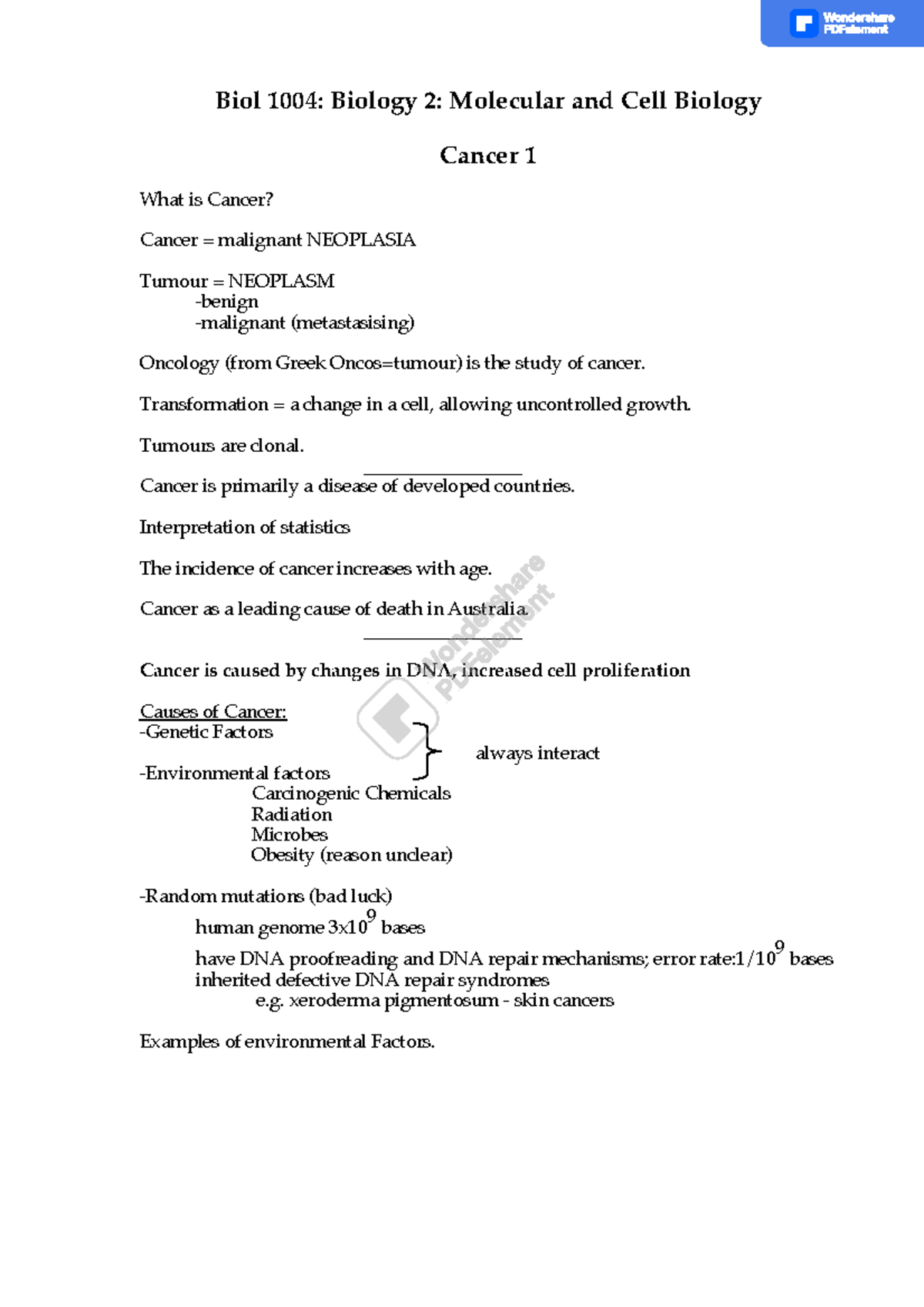 Introduction to Cancer - Biol 1004: Biology 2: Molecular and Cell ...