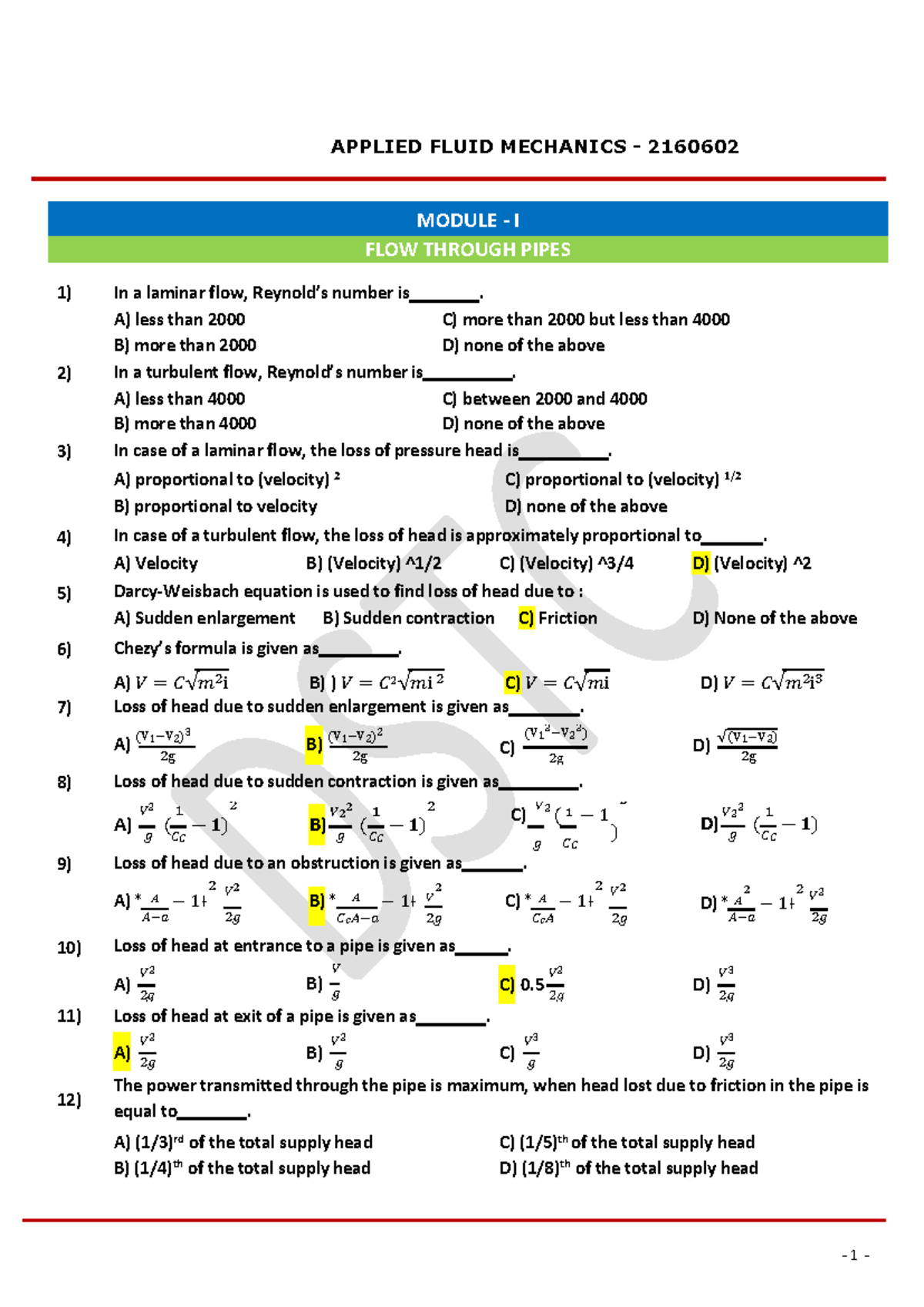 Mcq Of Applied Fluid Mechanics2160602 Applied Fluid Mechanics GTU