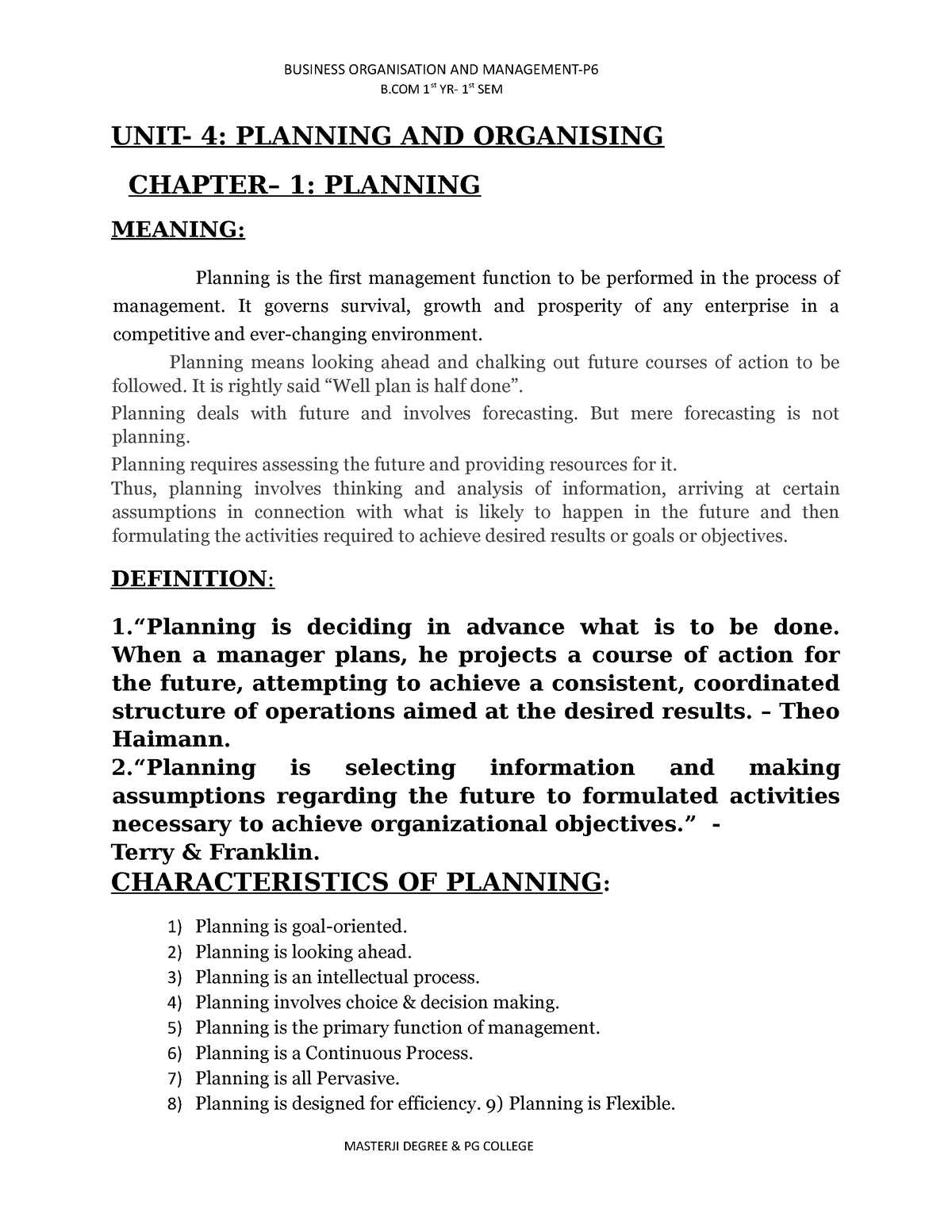 UNIT-4( Planning AND Organising) - B 1st YR- 1st SEM UNIT- 4: PLANNING ...