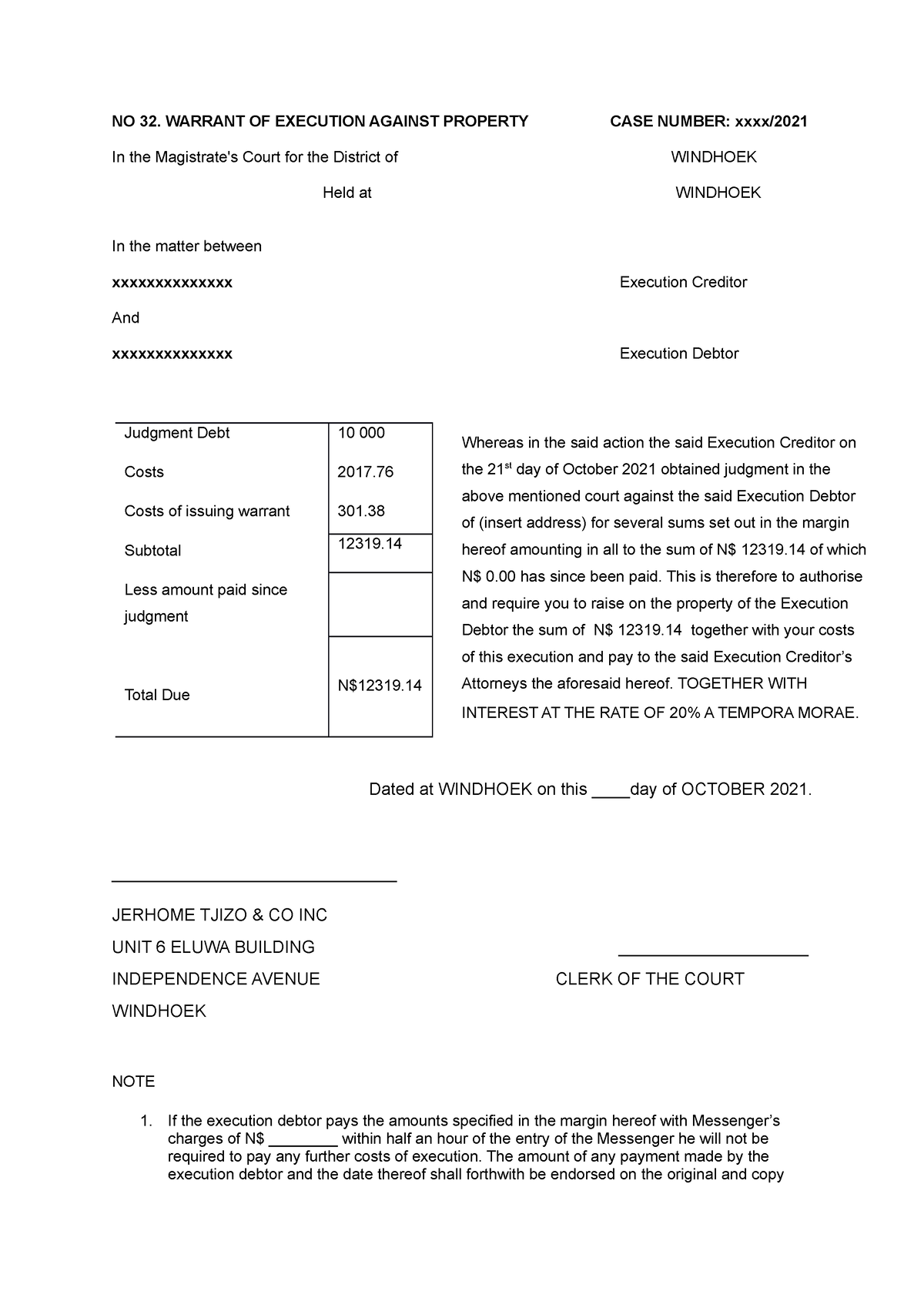 Warrant OF Execution example magistrates court NO 32 WARRANT OF