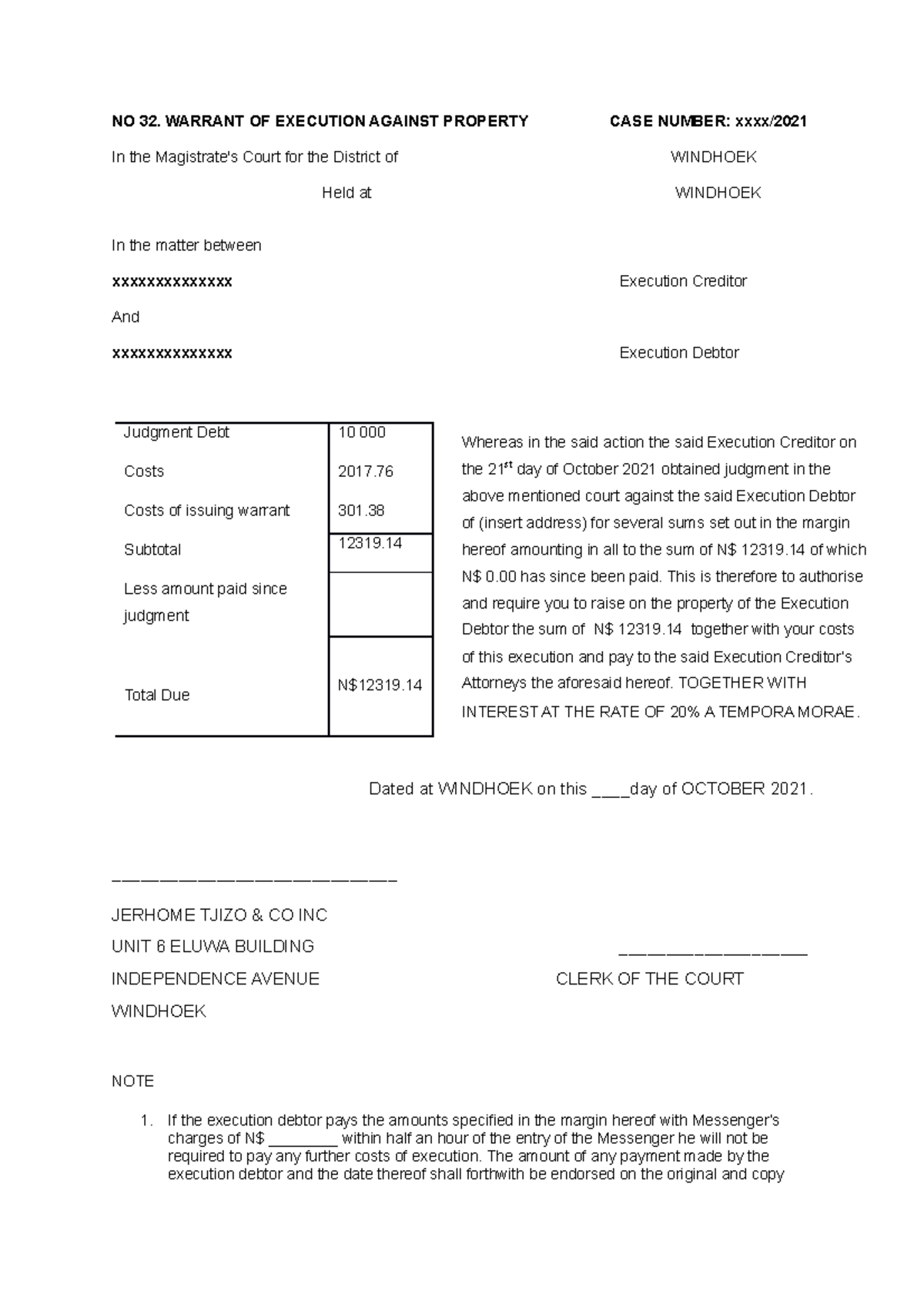 Warrant OF Execution example magistrates court NO 32 WARRANT OF