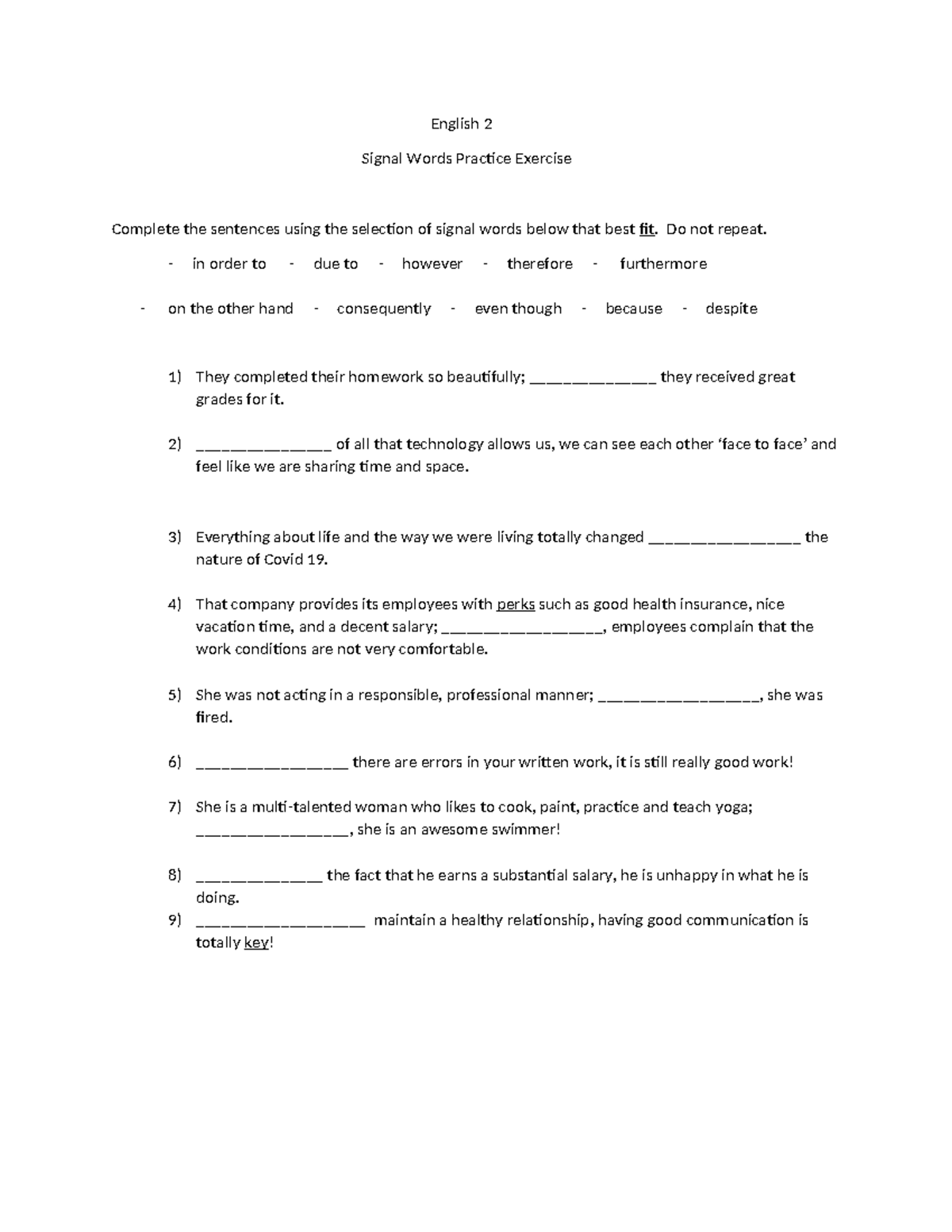 303 Signal Words Practice Exercise English 2 Signal Words Practice