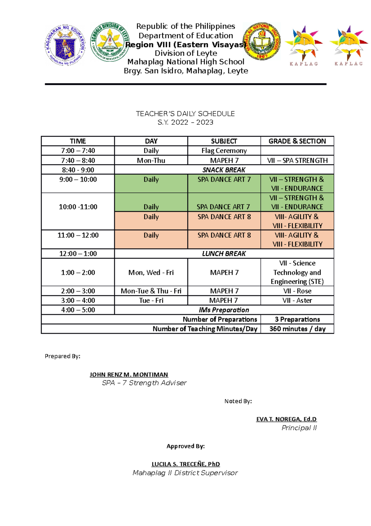 Teacher'S Daily Sched Updated - Republic of the Philippines Department ...