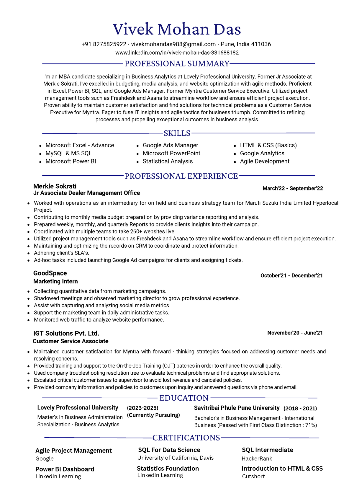 Vivek Mohan Das Resume - PROFESSIONAL SUMMARY SKILLS Maintained ...