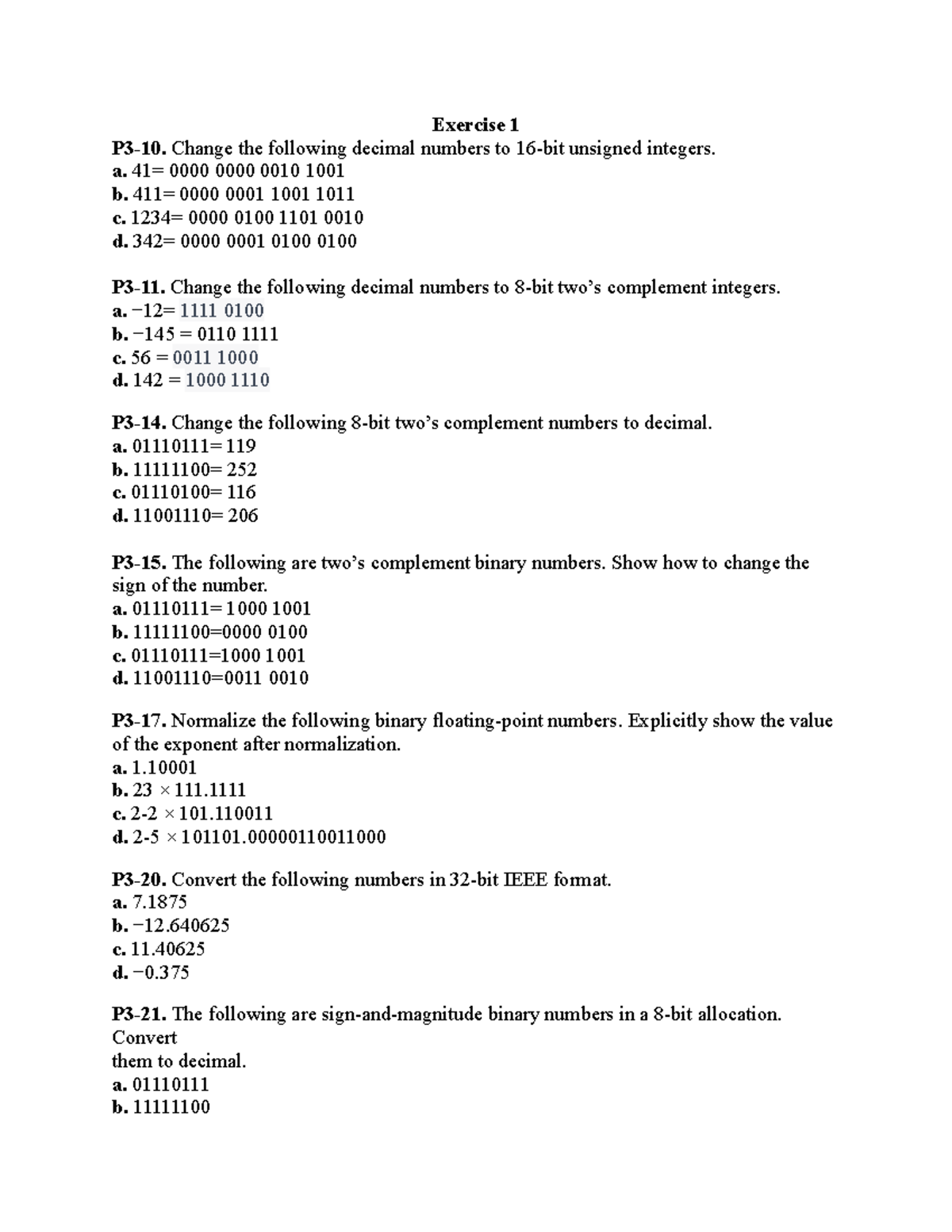 Exercise 1 - aaaa - Exercise 1 P3-10. Change the following decimal ...