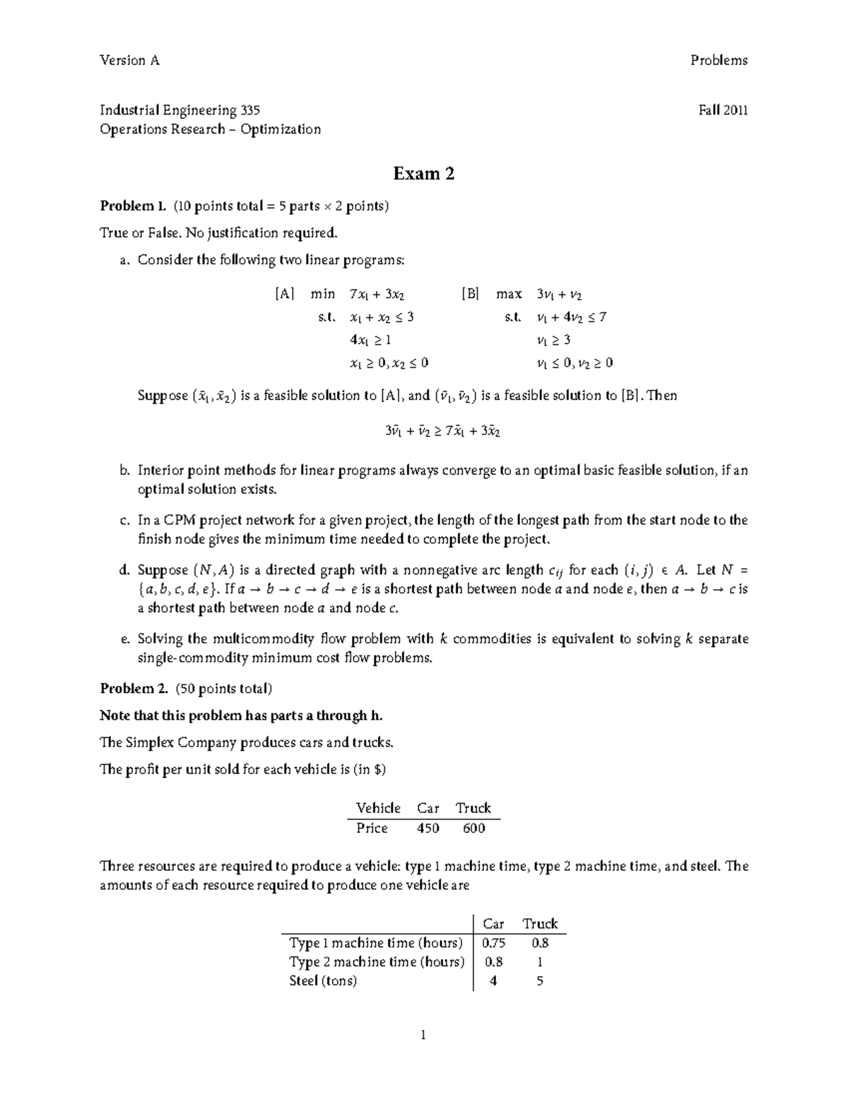 Ie335 Fall11 Exam2a Ie Operations Research Optimization Studocu