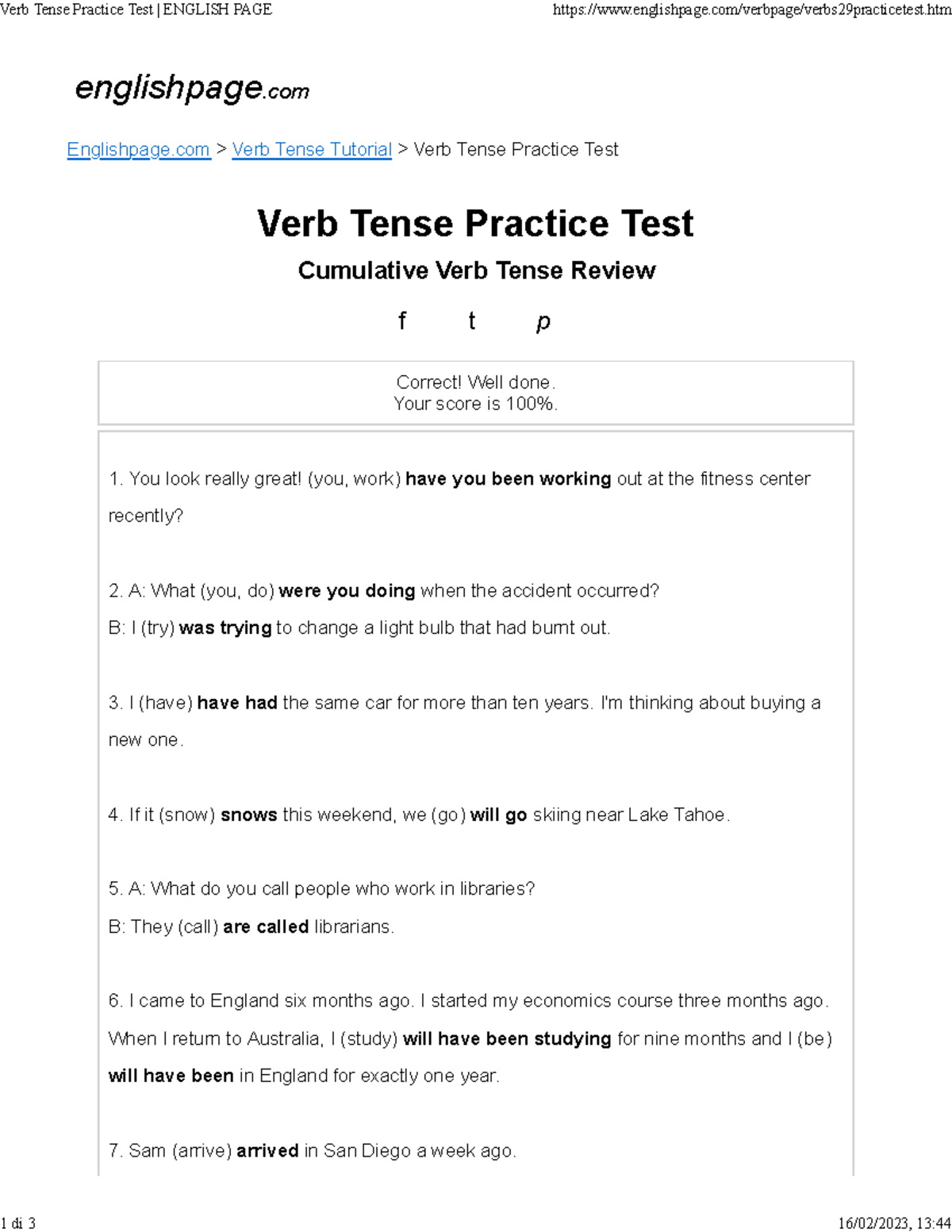 Verb Tense Practice Test English PAGE - Verb Tense Practice Test ...