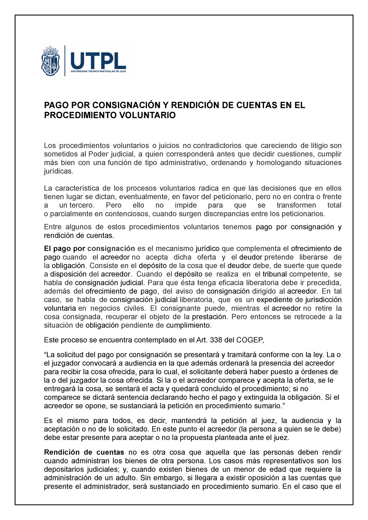 PAGO POR Consignación Y Rendición DE Cuentas EN EL Procedimiento Voluntario  - PAGO POR CONSIGNACIÓN - Studocu