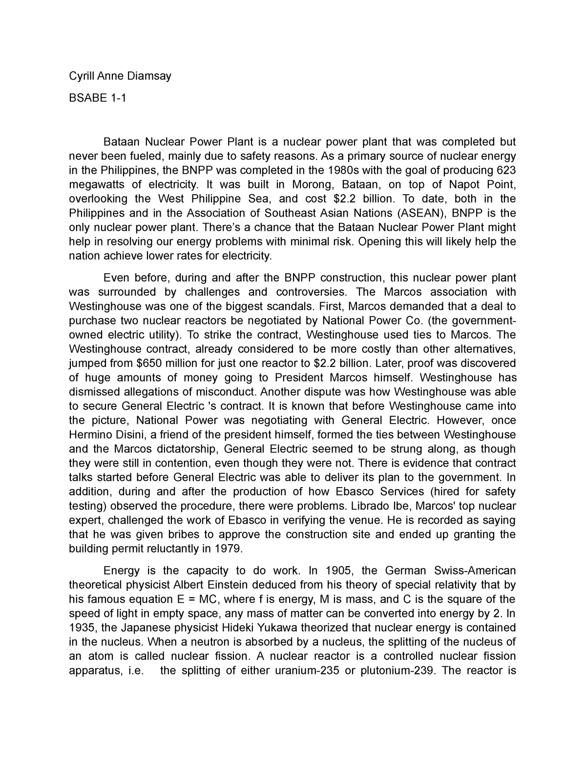 bataan nuclear power plant essay