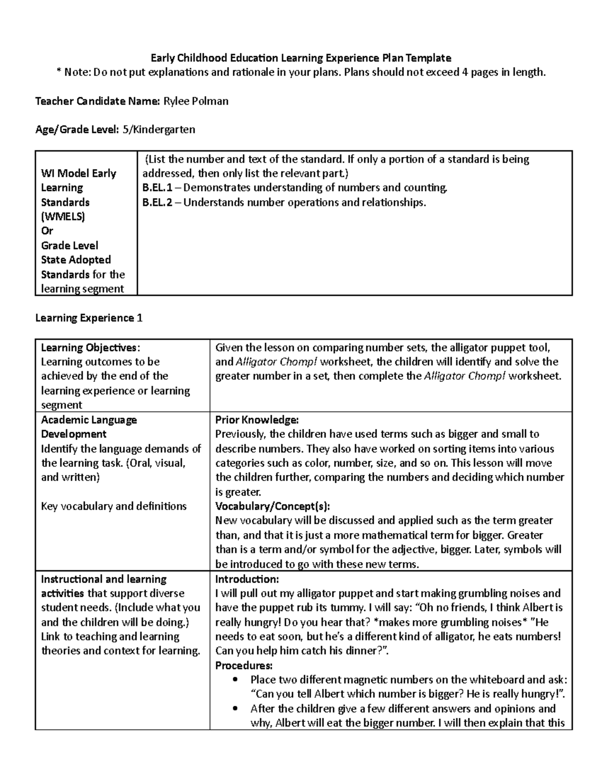 EdTPA Kindergarten Math Learning Experience ECE 205 StuDocu