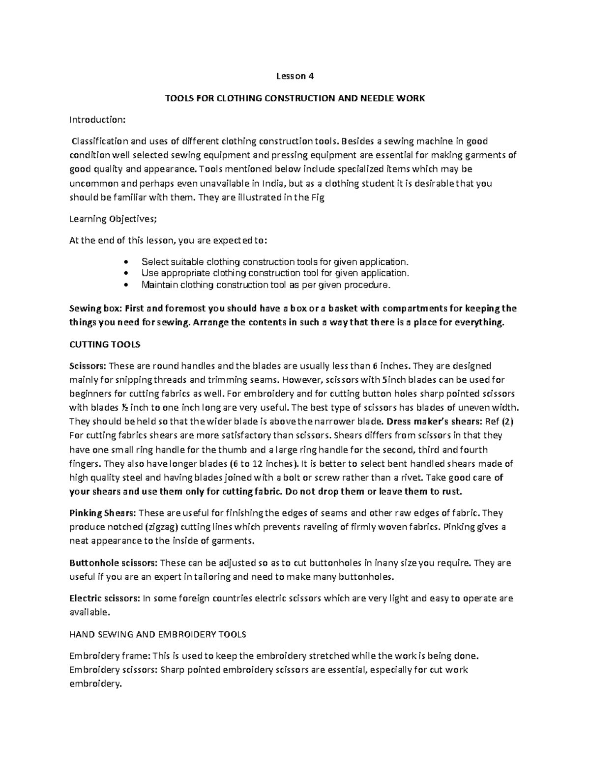 Lesson 4 clothing construction tools Lesson 4 TOOLS FOR CLOTHING