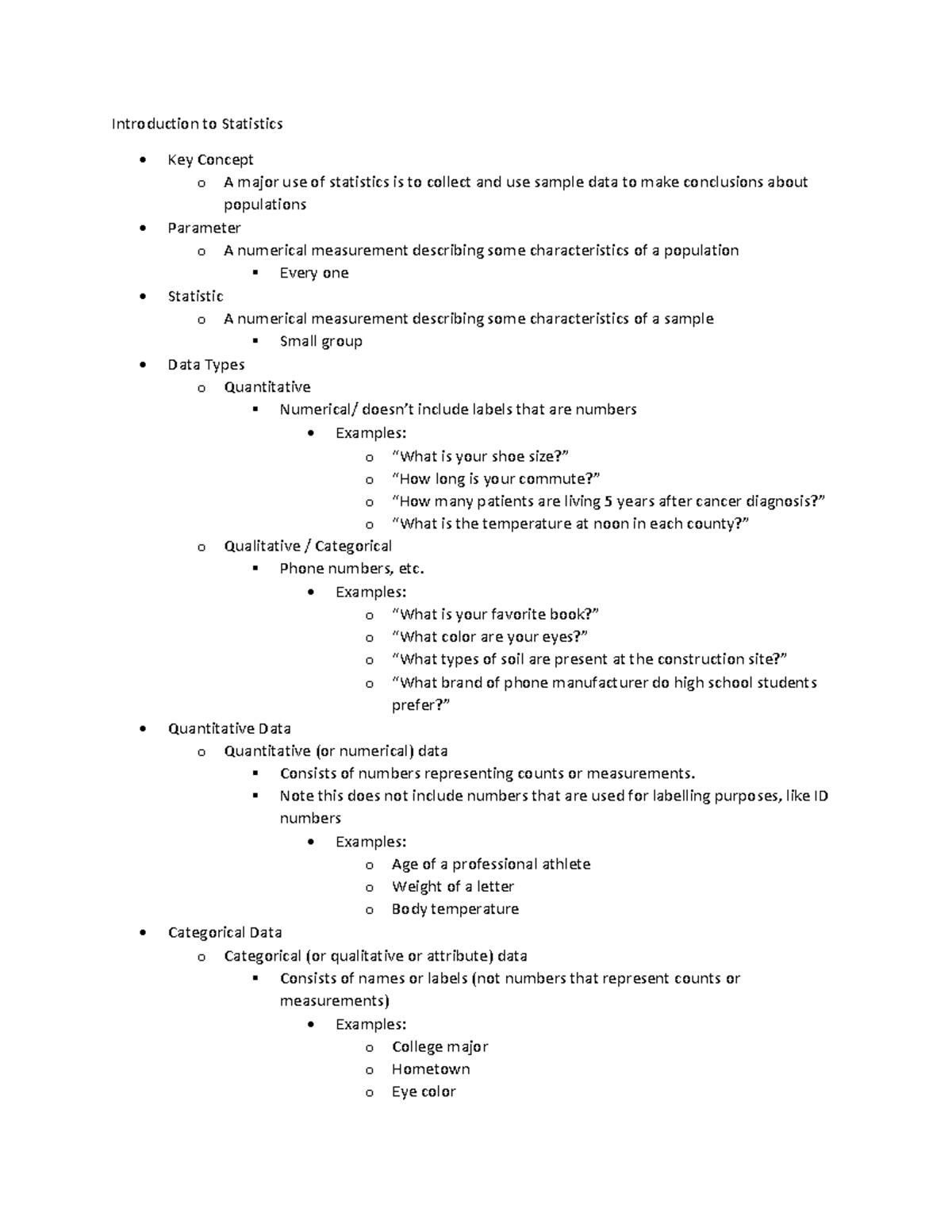 Introduction to Statistics - Introduction to Statistics Key Concept o A ...