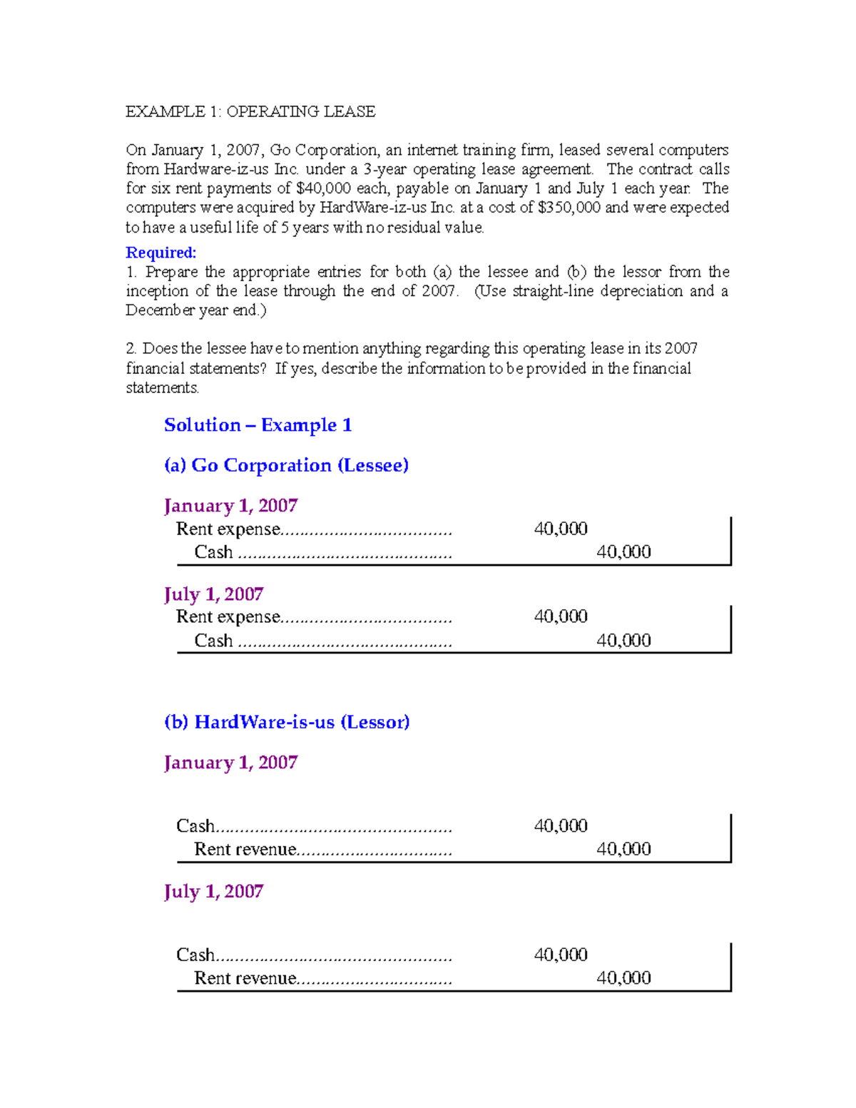 CCFC 512 Chapter 20 Questions - EXAMPLE 1: OPERATING LEASE On January 1 ...
