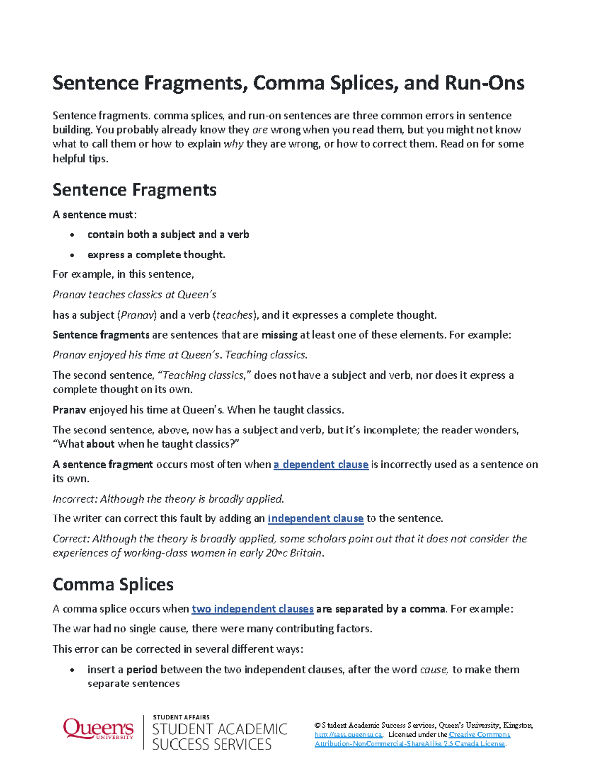 Sentence Fragments, Comma Splices, And Run-Ons - © Student Academic ...