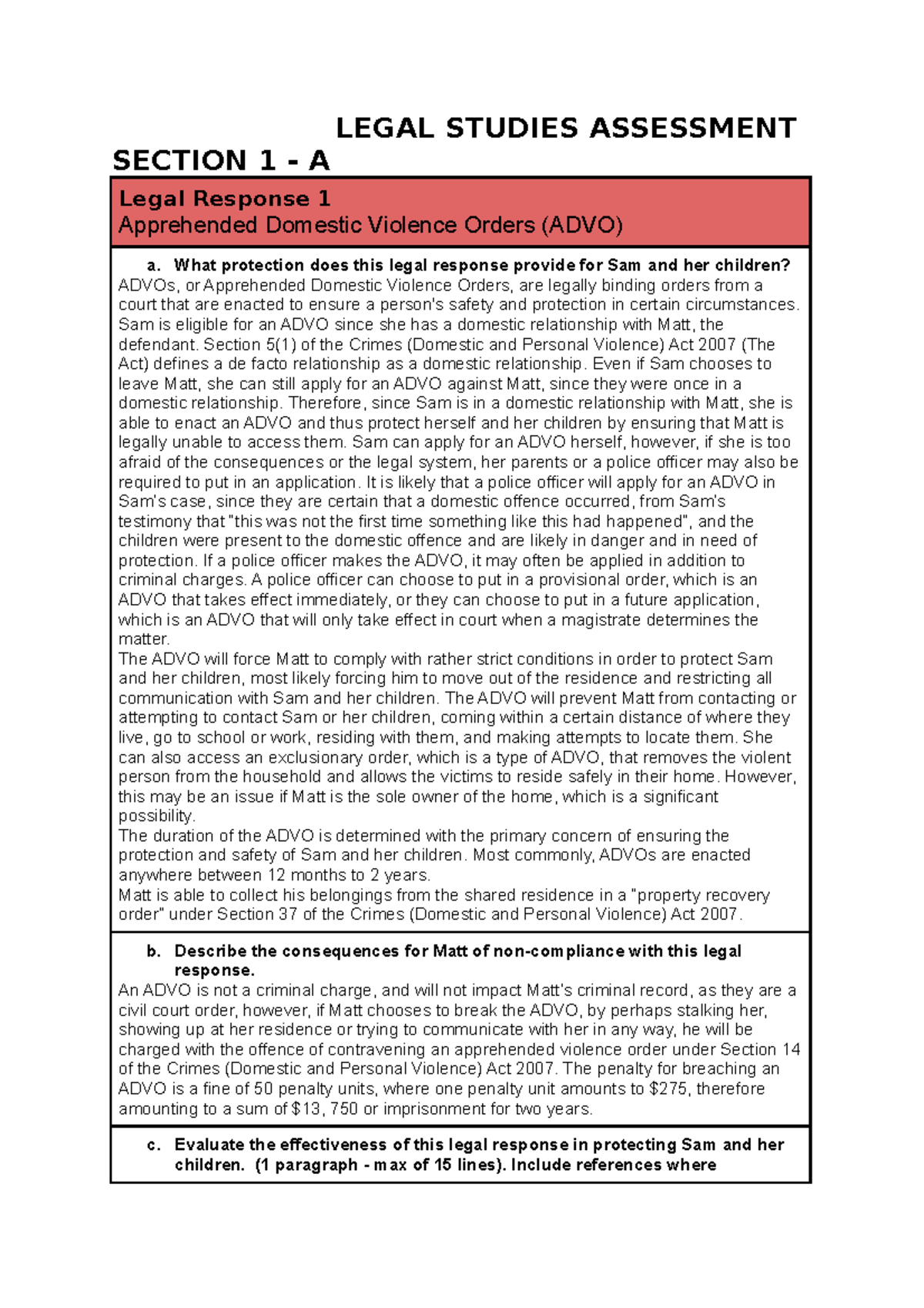Legal Studies Assessment - LEGAL STUDIES ASSESSMENT SECTION 1 - A Legal ...