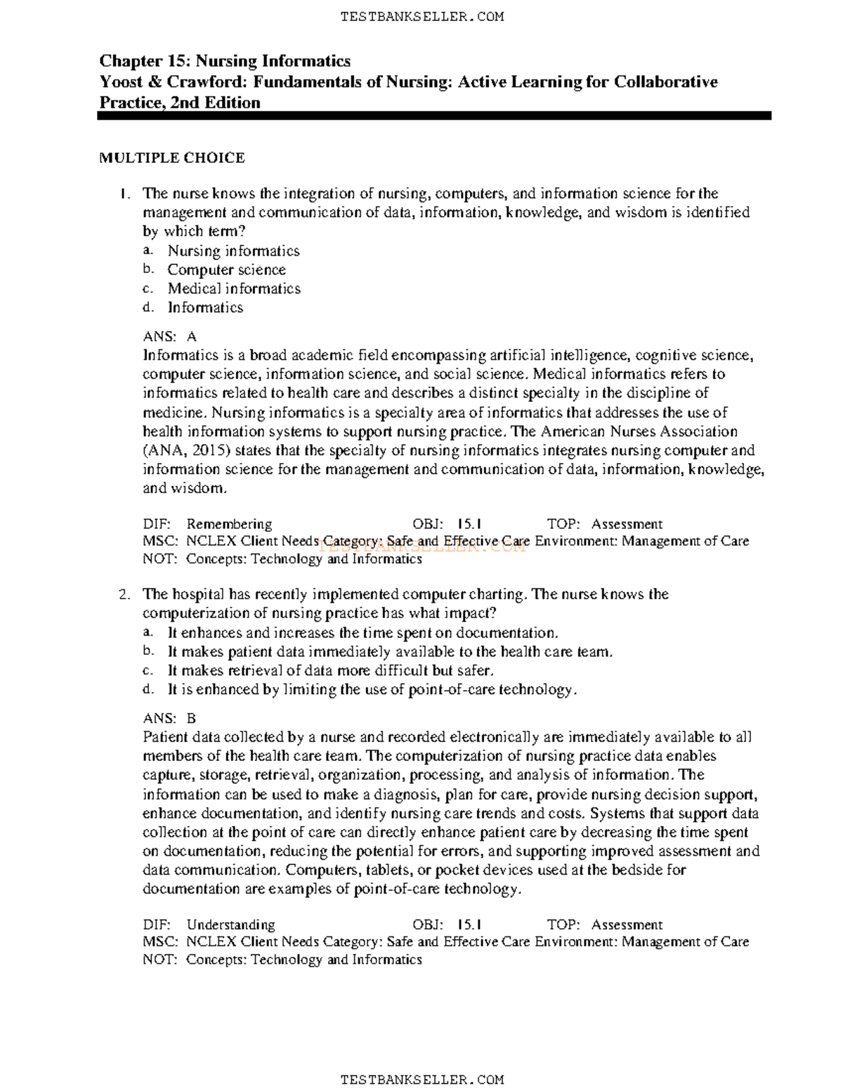 15nsg 3130 Test Bank - TESTBANKSELLER Chapter 15: Nursing Informatics ...