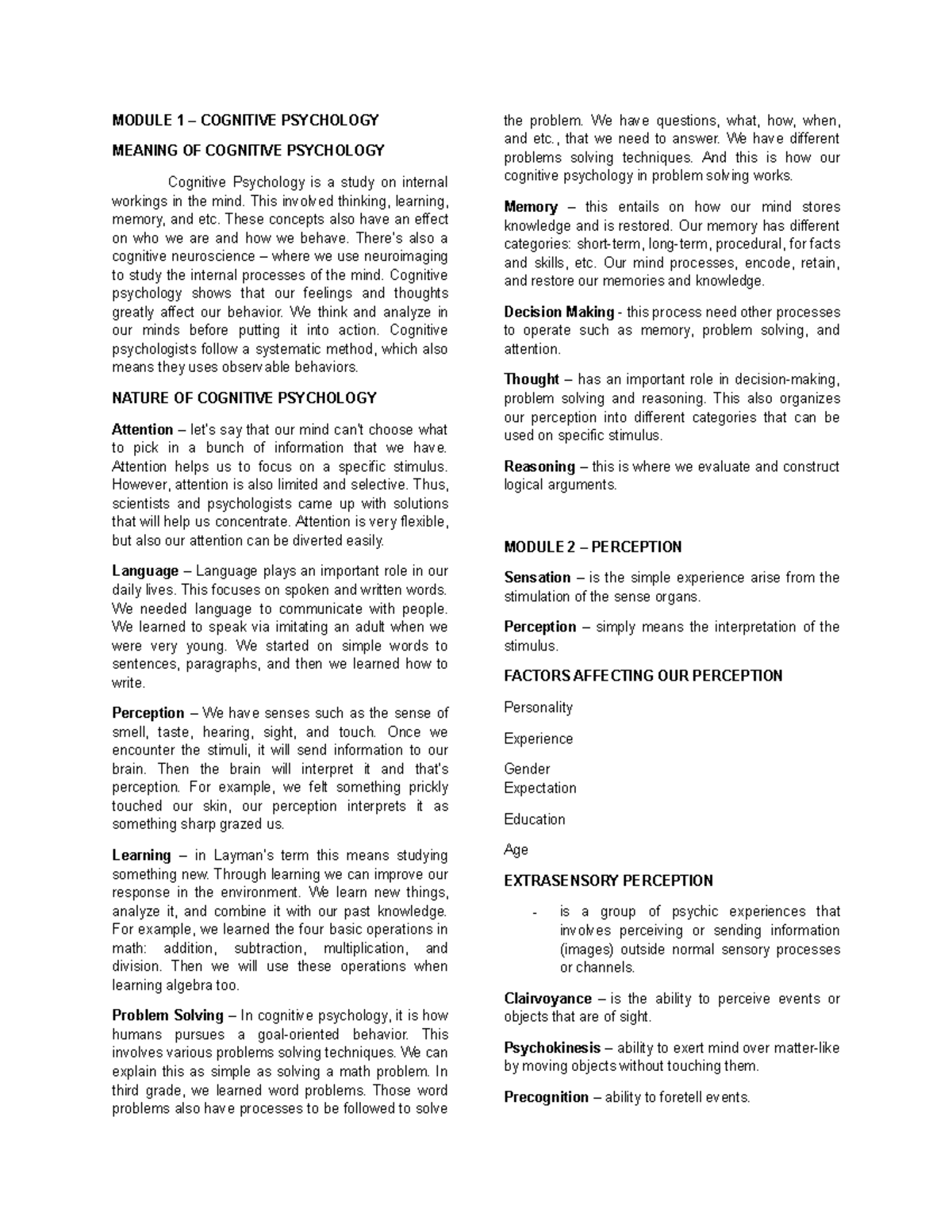 Module 1 - cognitive psychology - BS Psychology - Studocu