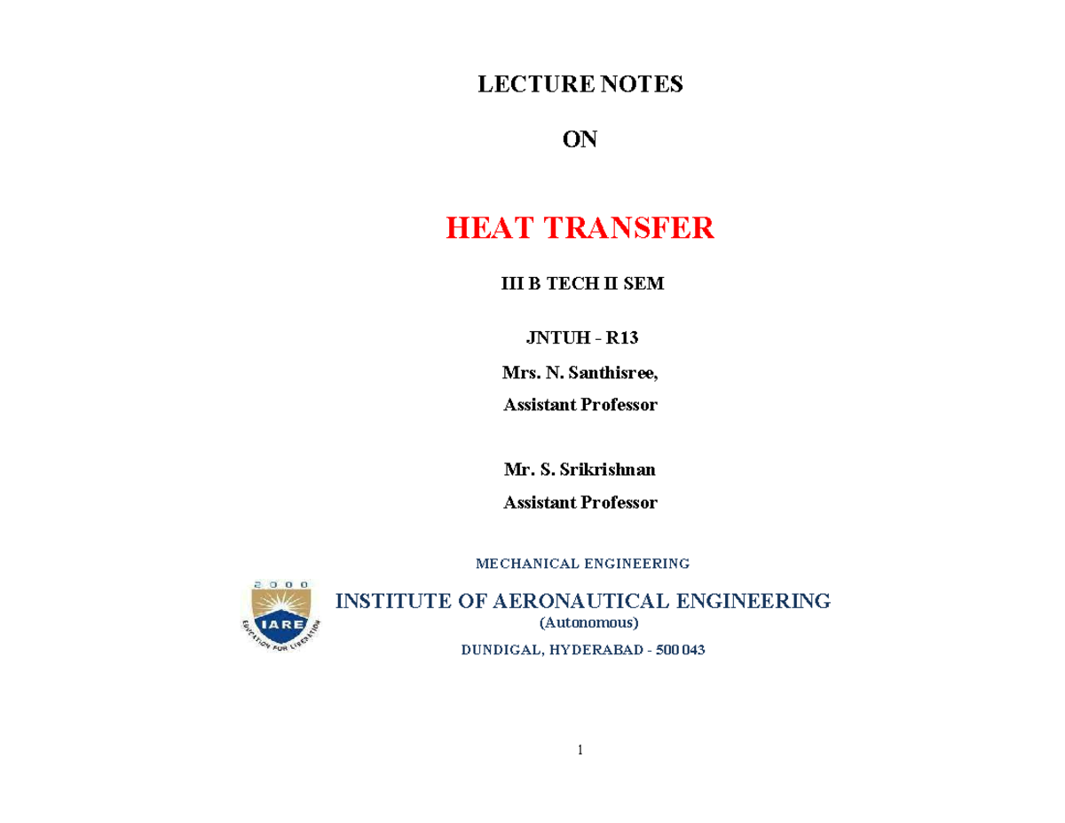 IARE HEAT Transfer Lecture Notes - LECTURE NOTES ON HEAT TRANSFER III B ...