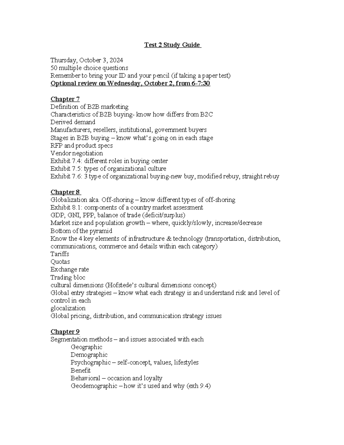 Test 2 study guide - Test 2 Study Guide Thursday, October 3, 2024 50 ...
