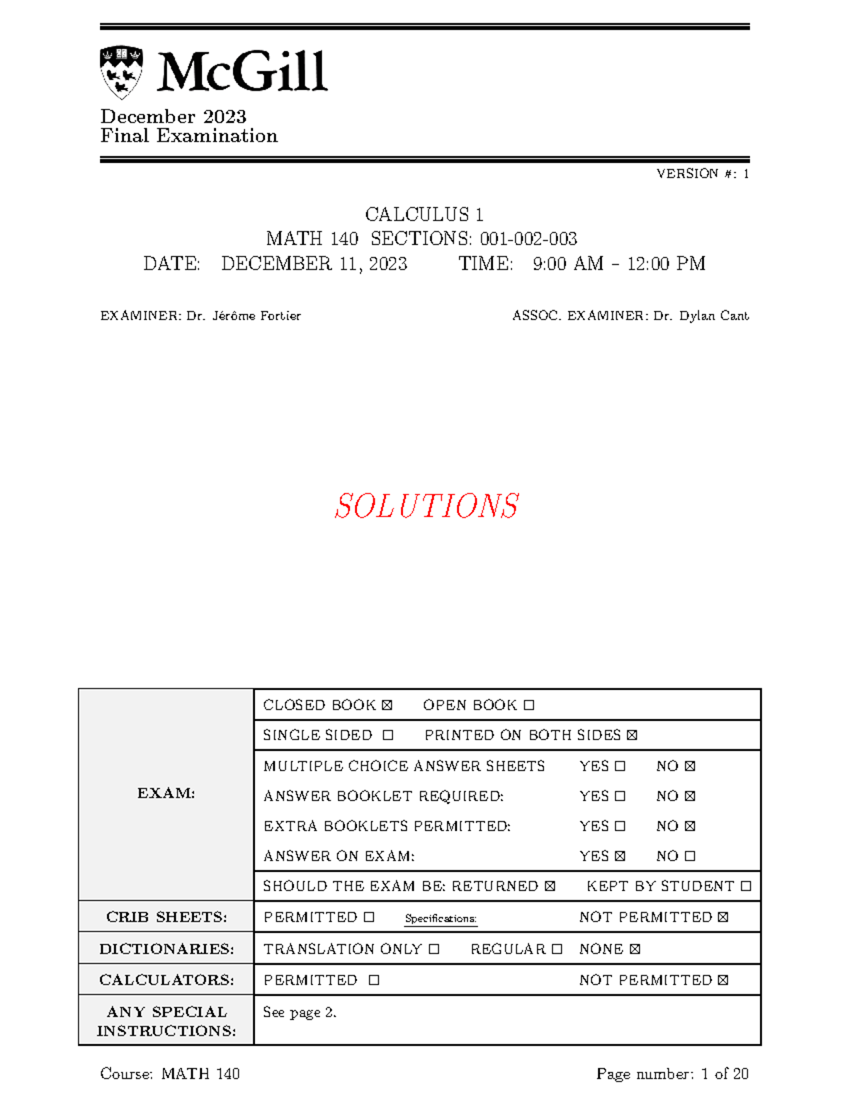 SolutionsMathgrade9 - December 2023 Final Examination VERSION #: 1 ...