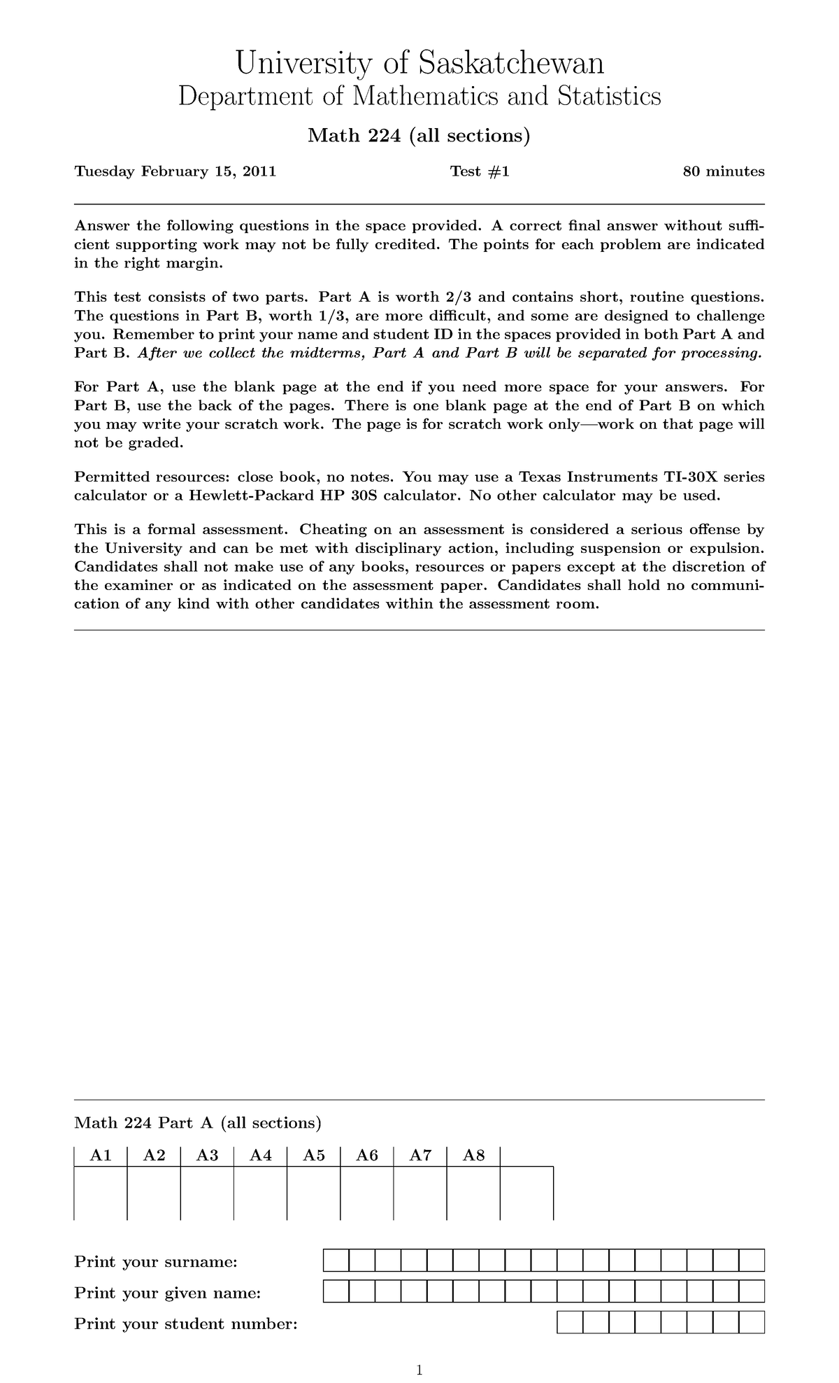Exam 15 February 2011, Questions And Answers - Test 1 - University of ...