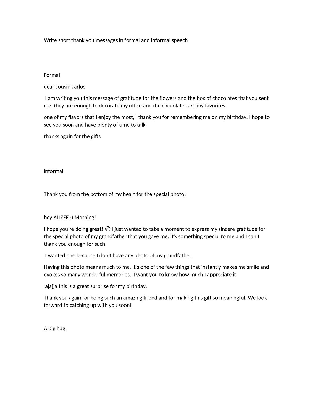 Write short thank you messages in formal and informal speech - one of ...