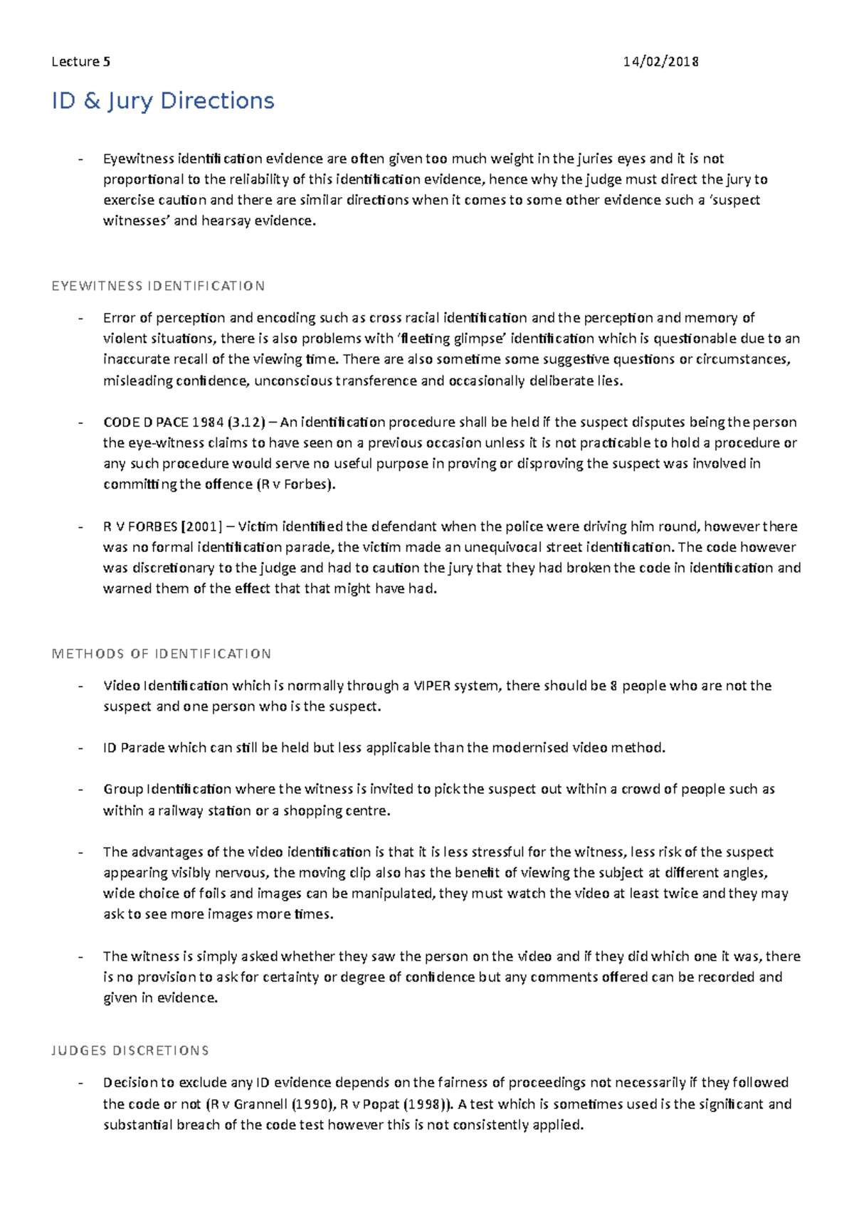 5. Identification & Jury Cautions Lecture 5 14/02/ ID & Jury