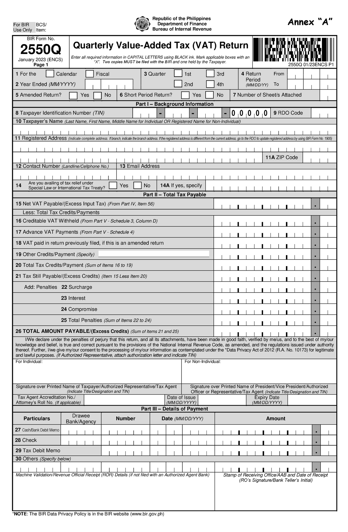 2550q Rmc No 59 2023 Annex A Bir Form No 2550q January 2023 Encs Page 1 Quarterly Value 6237