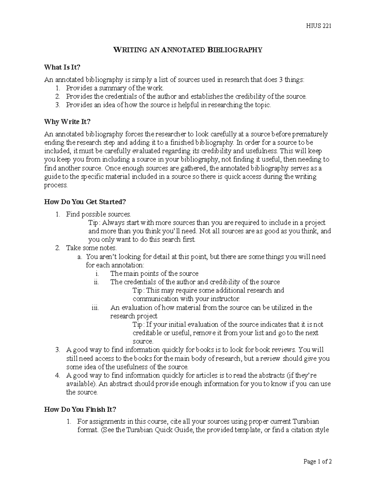 Writing an Annotated Bibliography - HIUS 221 WRITING AN ANNOTATED ...