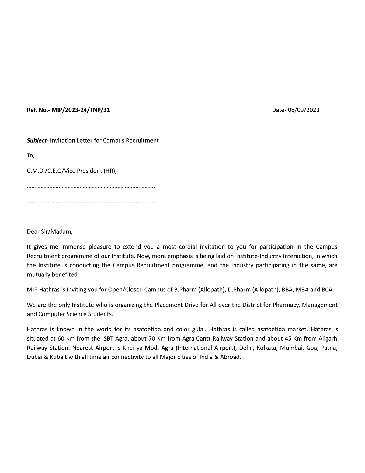 TPO Letter - Ref. No.- MIP/2023-24/TNP/31 Date- 08/09/ Subject ...