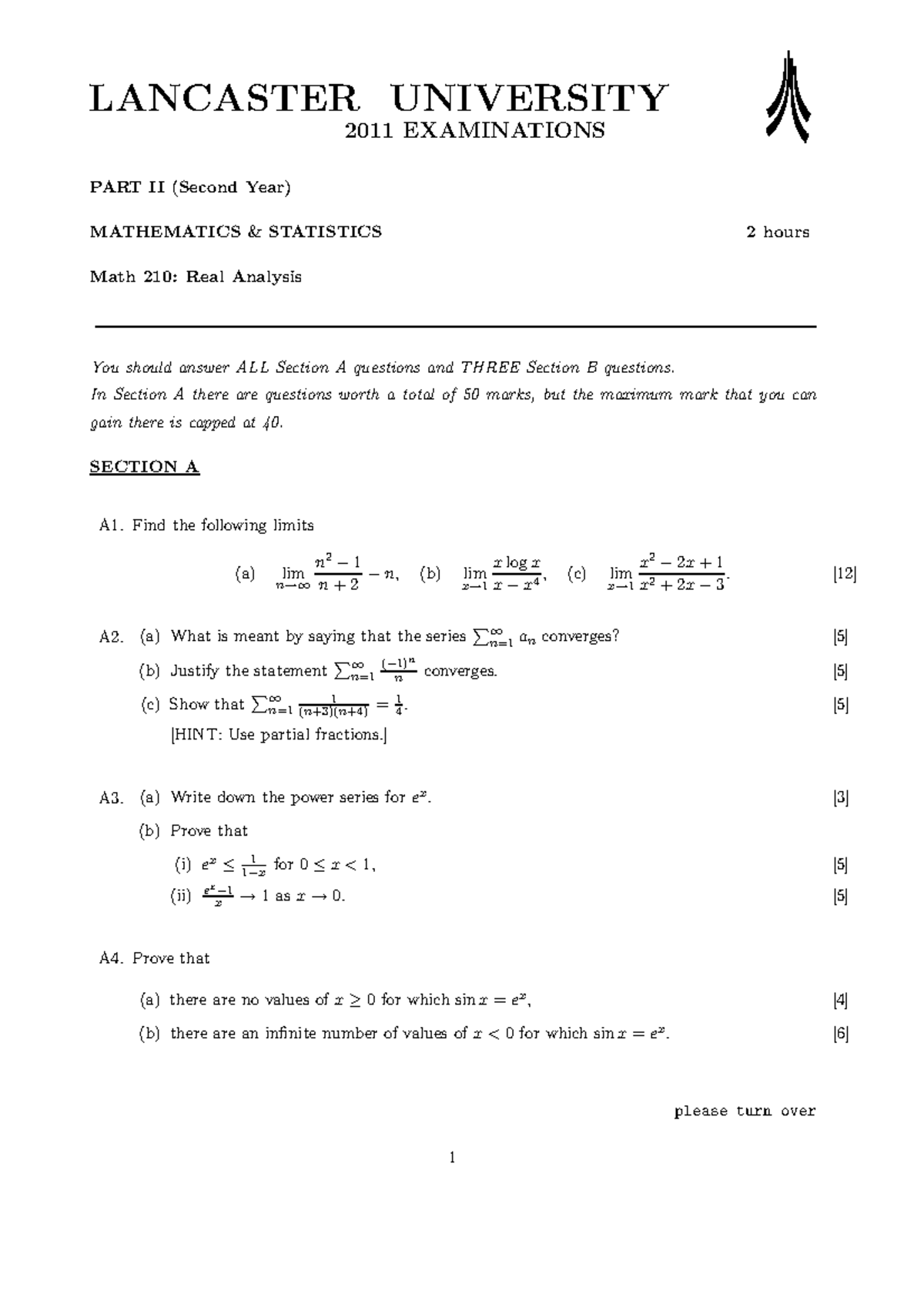 Real Analysis Exam 2011, questions - LANCASTER UNIVERSITY 2011 ...