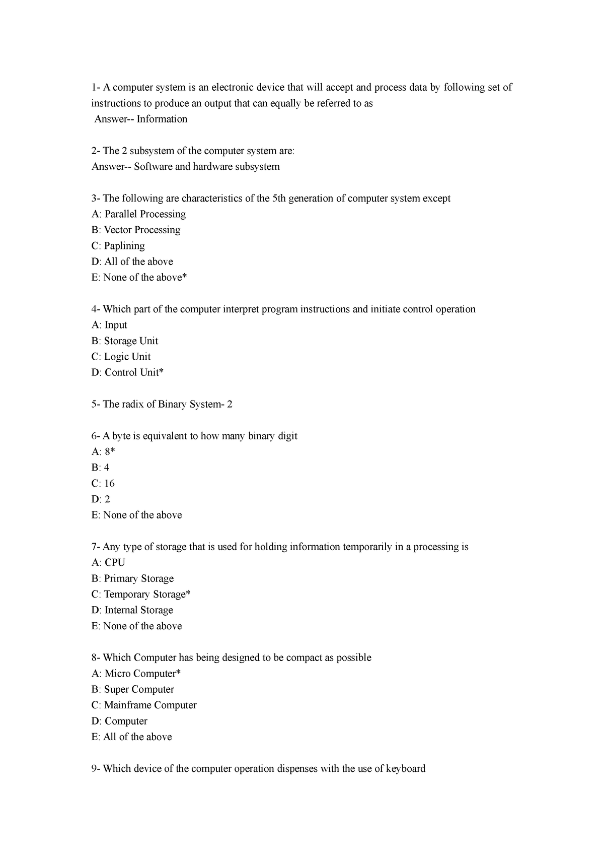 ELE 275 Texam - EXAM - 1- A computer system is an electronic device ...