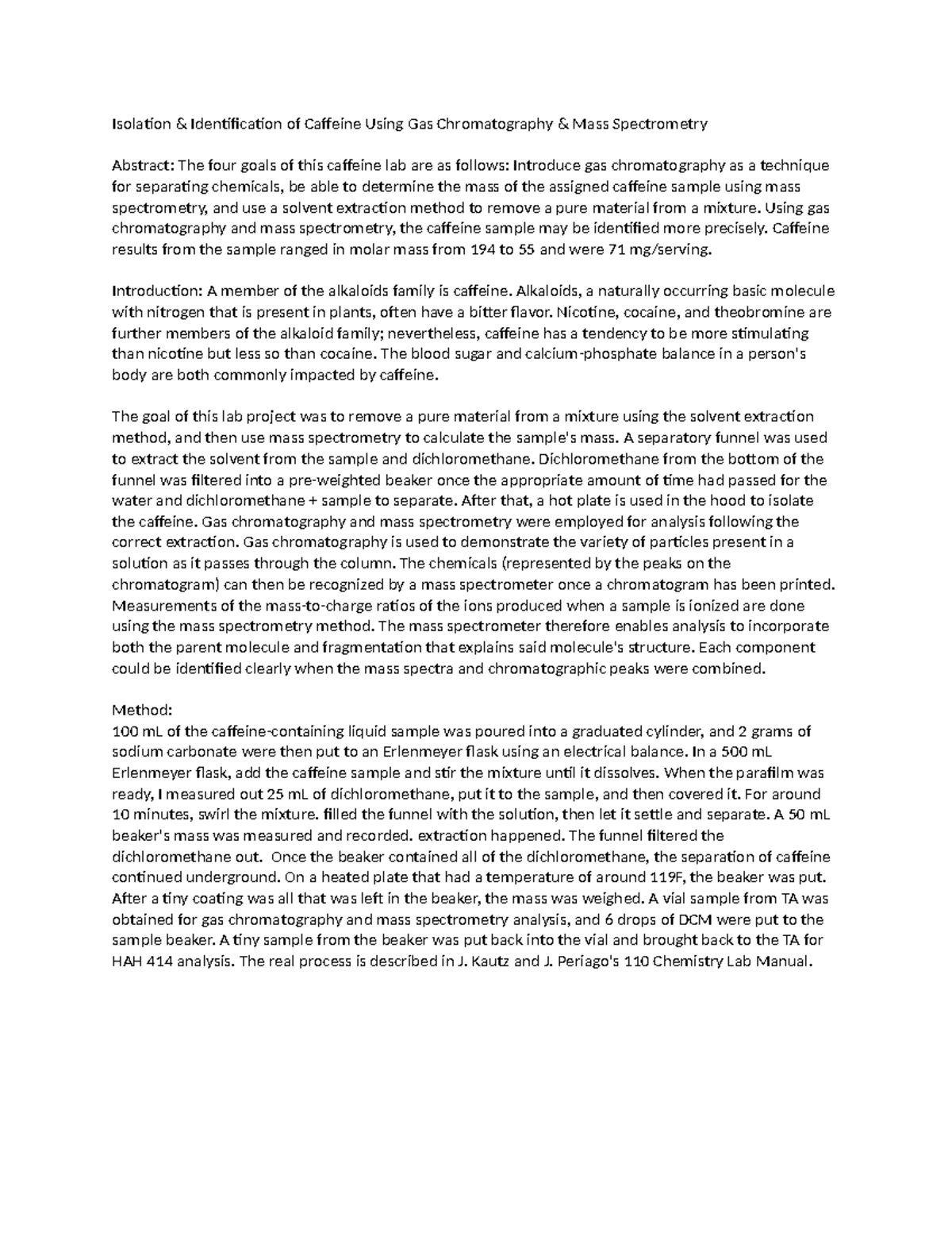 Isolation & Identification of Caffeine write up - Isolation ...