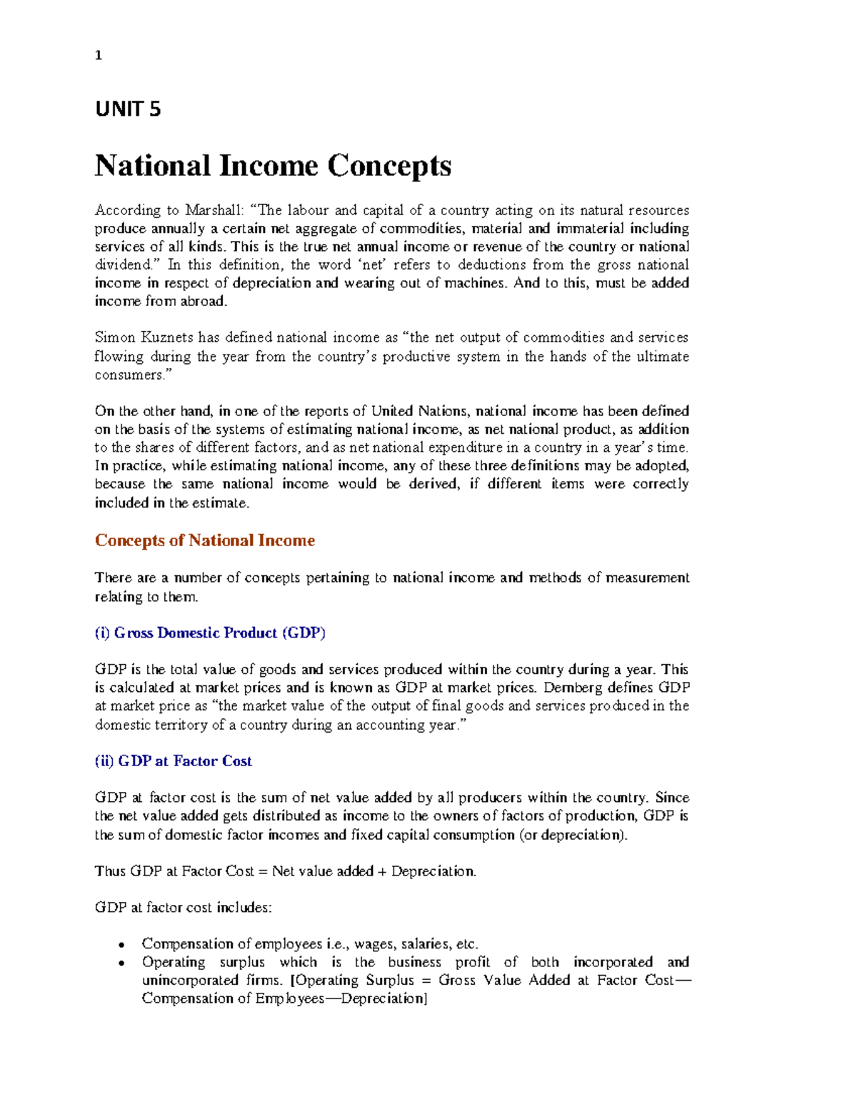 UNIT 5 - Notes - UNIT 5 National Income Concepts According to Marshall ...
